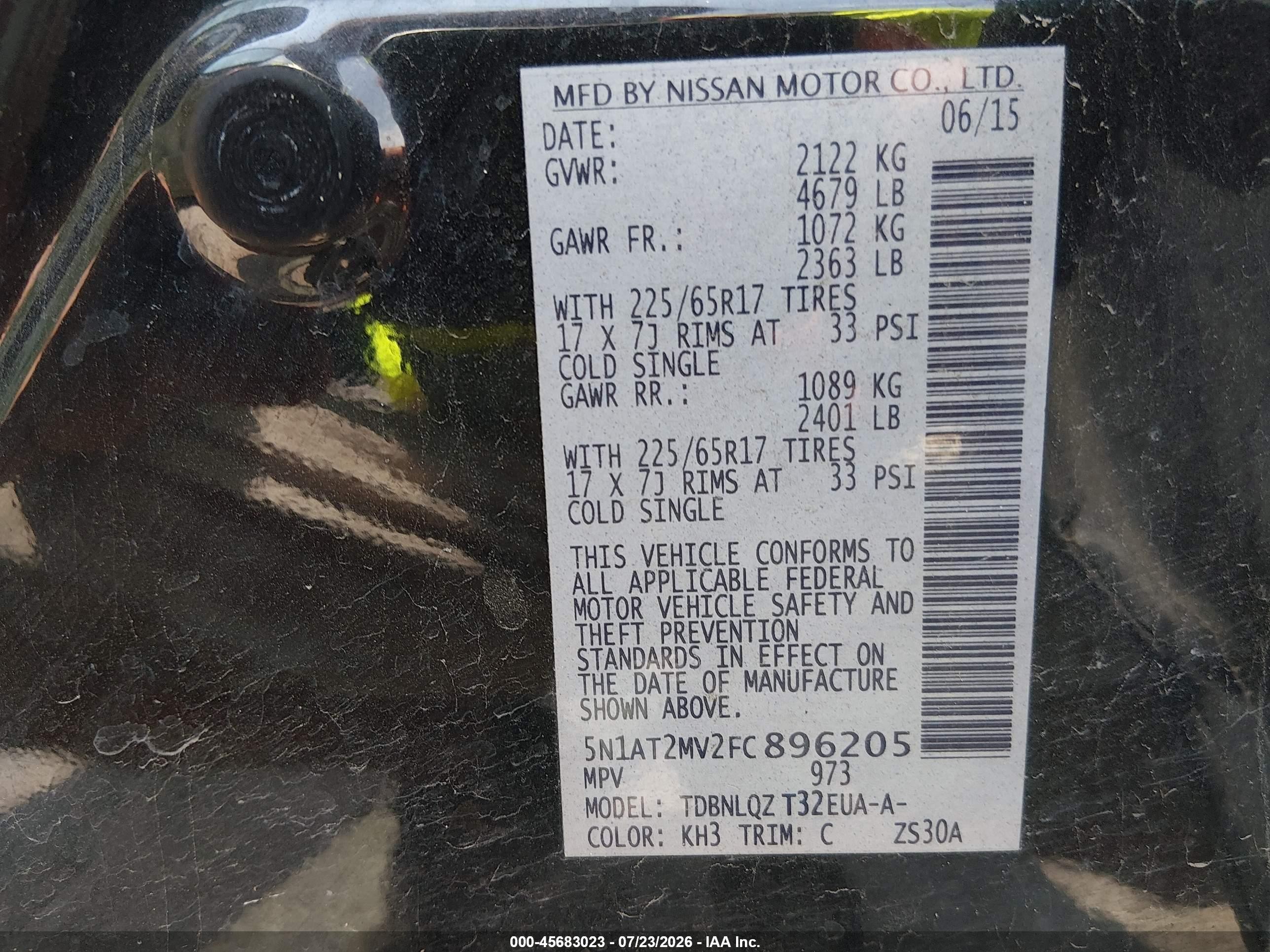2015 Nissan Rogue Sv Black vin: 5N1AT2MV2FC896205