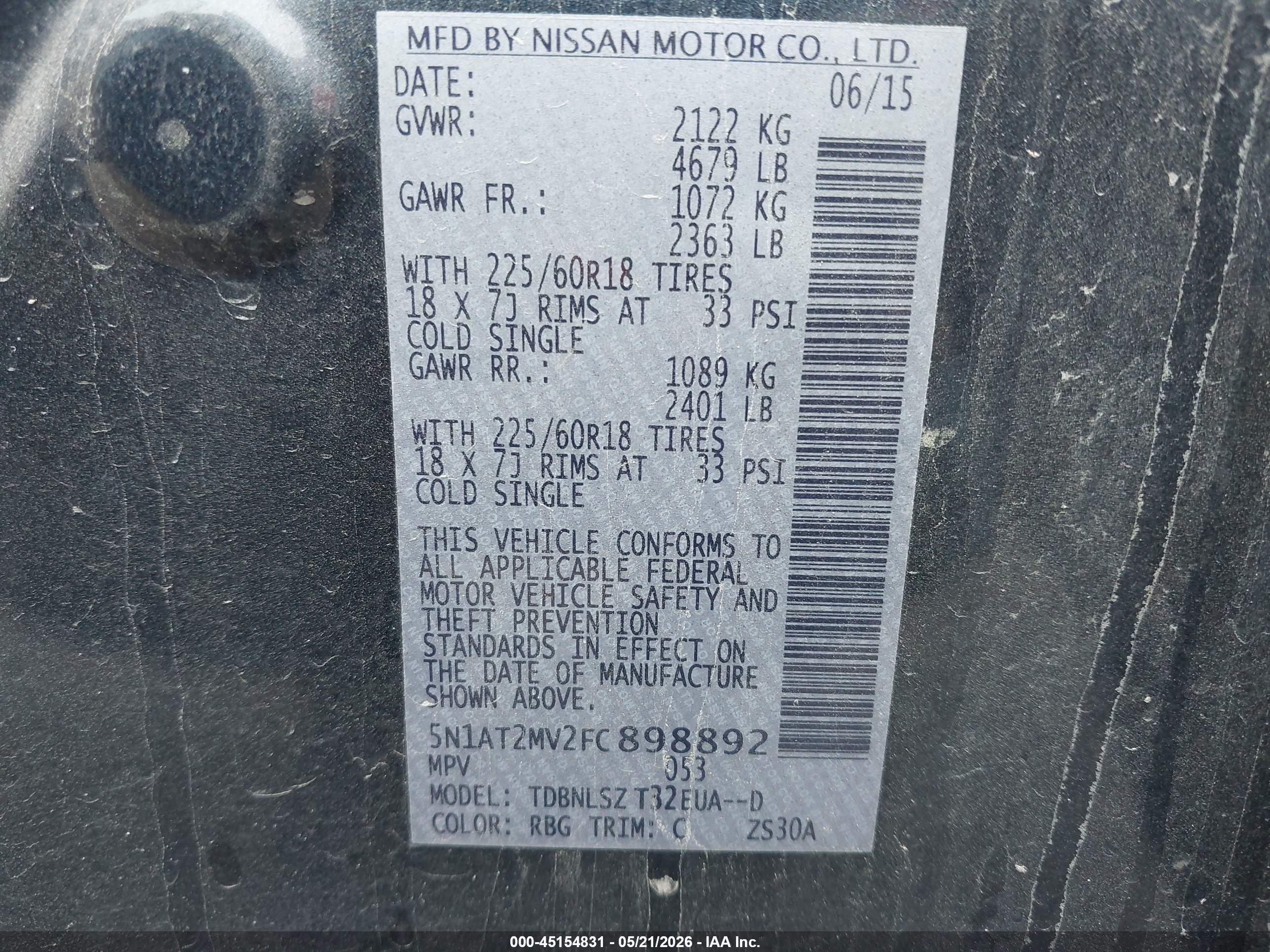 2015 Nissan Rogue Sl Blue vin: 5N1AT2MV2FC898892