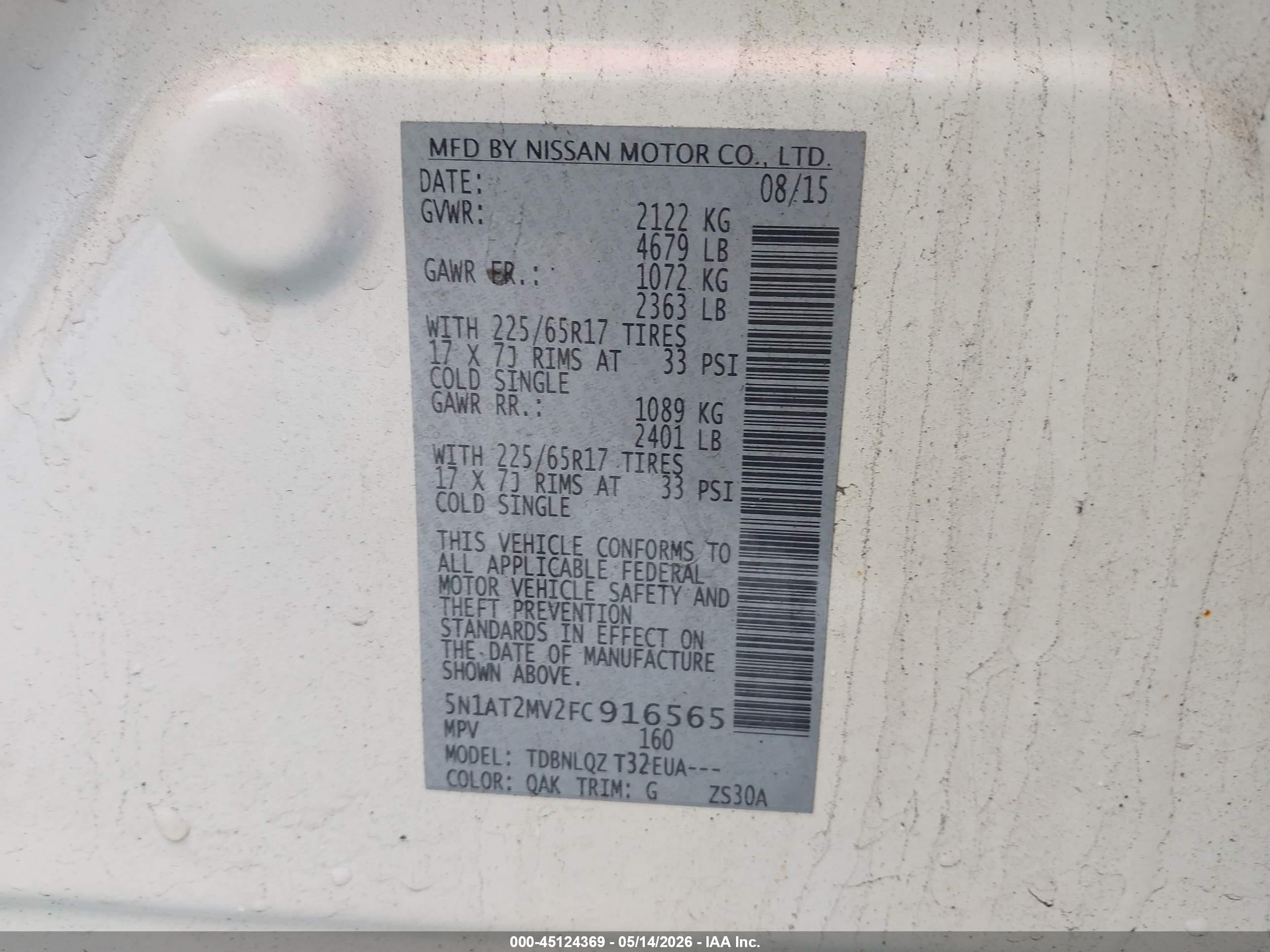 2015 Nissan Rogue Sv White vin: 5N1AT2MV2FC916565