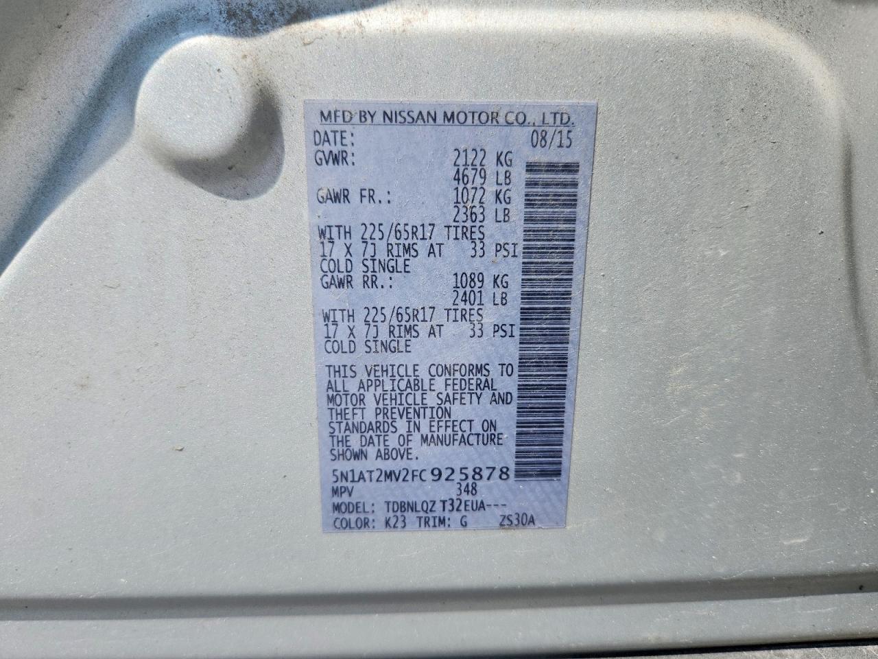 2015 Nissan Rogue Sv Silver vin: 5N1AT2MV2FC925878