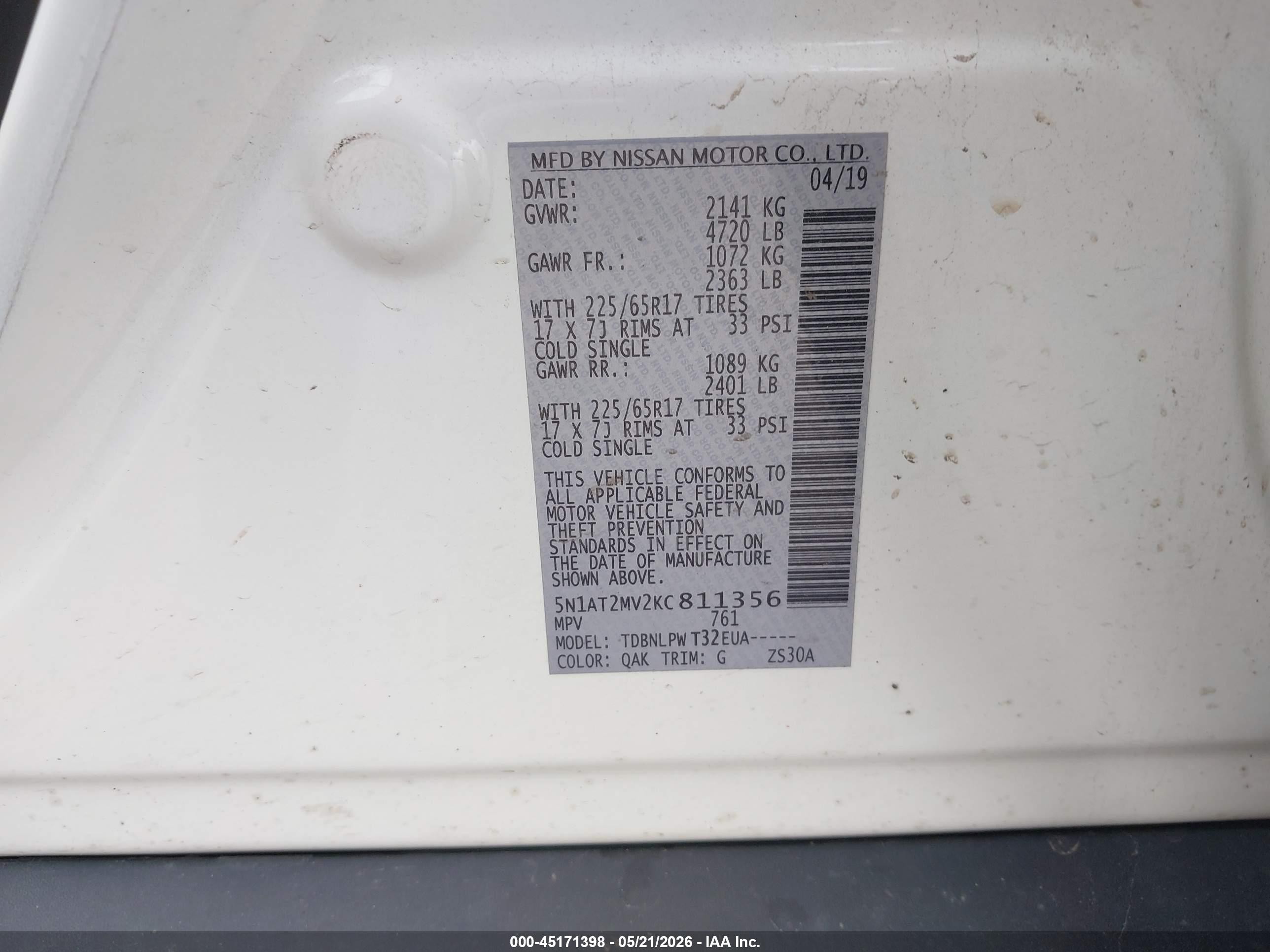 2019 Nissan Rogue S White vin: 5N1AT2MV2KC811356
