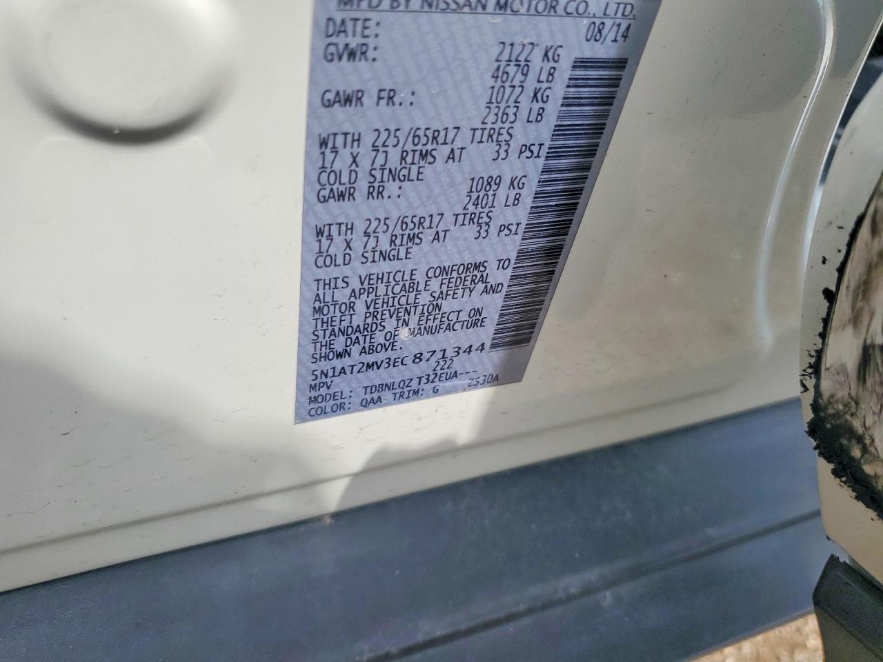 2014 Nissan Rogue Sv White vin: 5N1AT2MV3EC871344