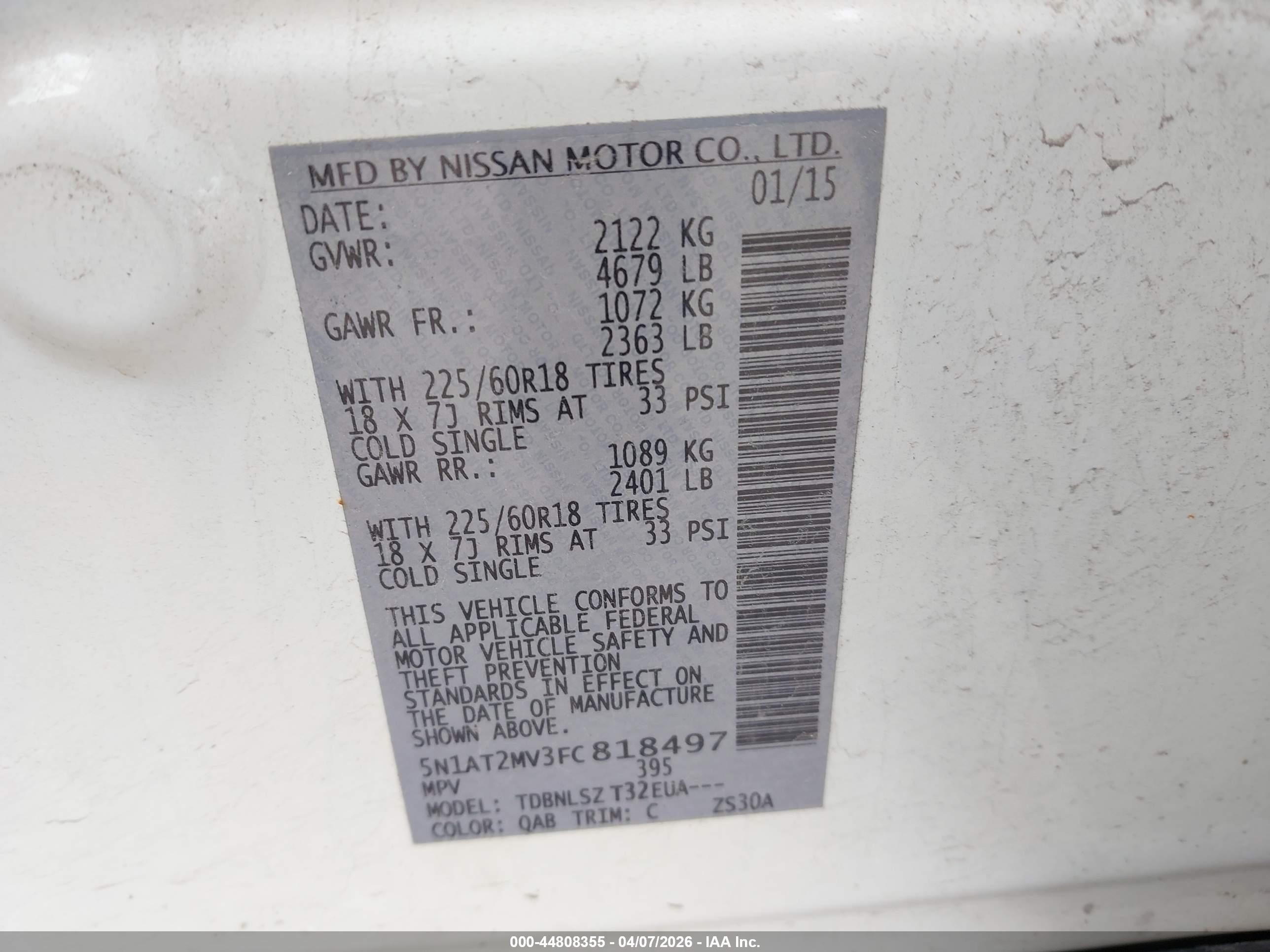 2015 Nissan Rogue Sl White vin: 5N1AT2MV3FC818497