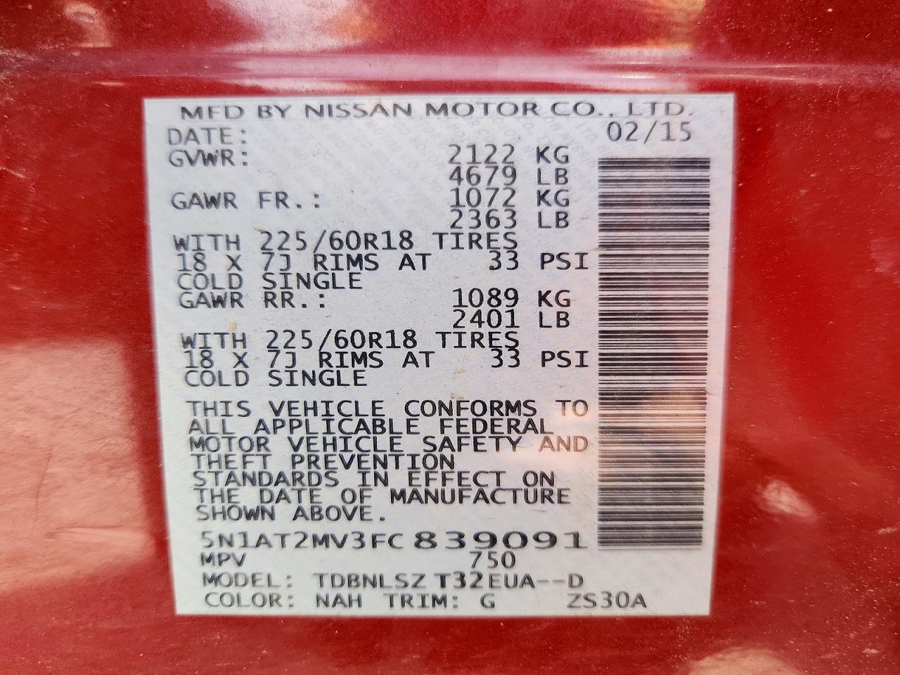2015 Nissan Rogue Sl Red vin: 5N1AT2MV3FC839091