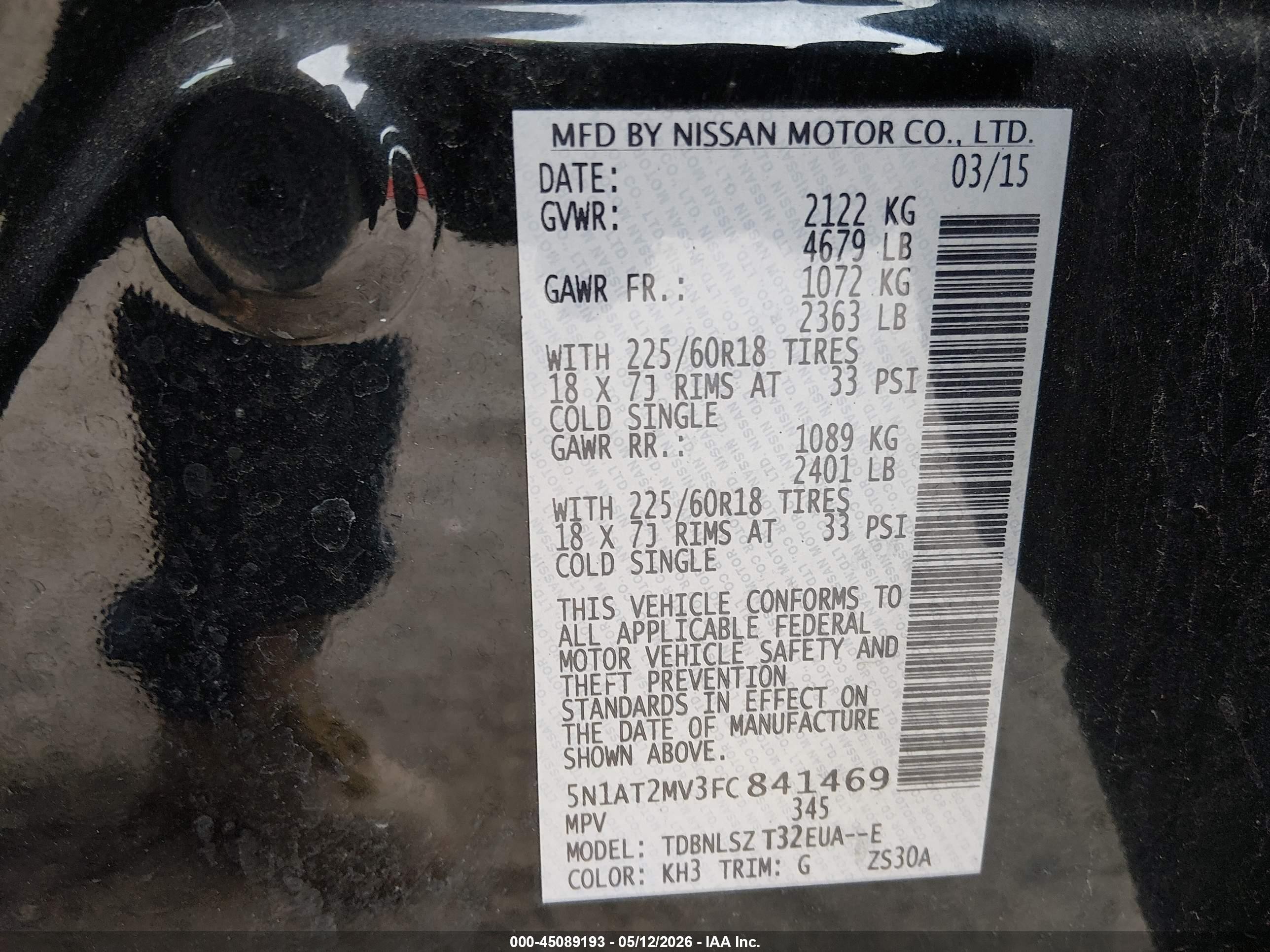 2015 Nissan Rogue Sl Black vin: 5N1AT2MV3FC841469