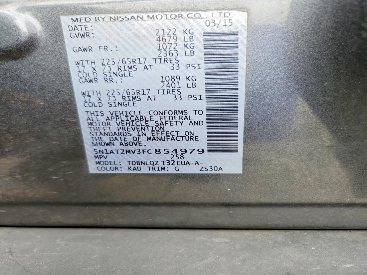 2015 Nissan Rogue Sv Gray vin: 5N1AT2MV3FC854979