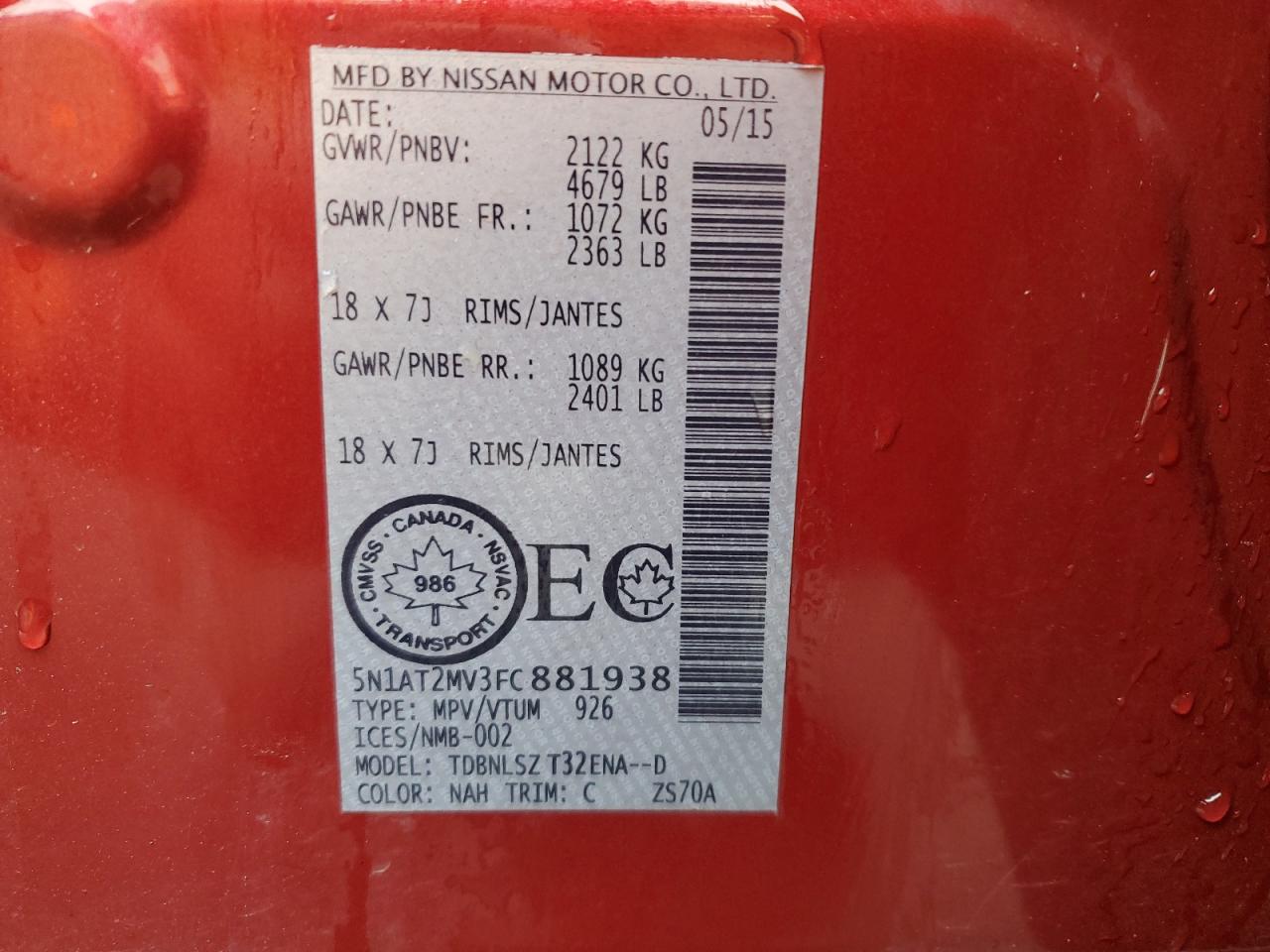 2015 Nissan Rogue S Red vin: 5N1AT2MV3FC881938