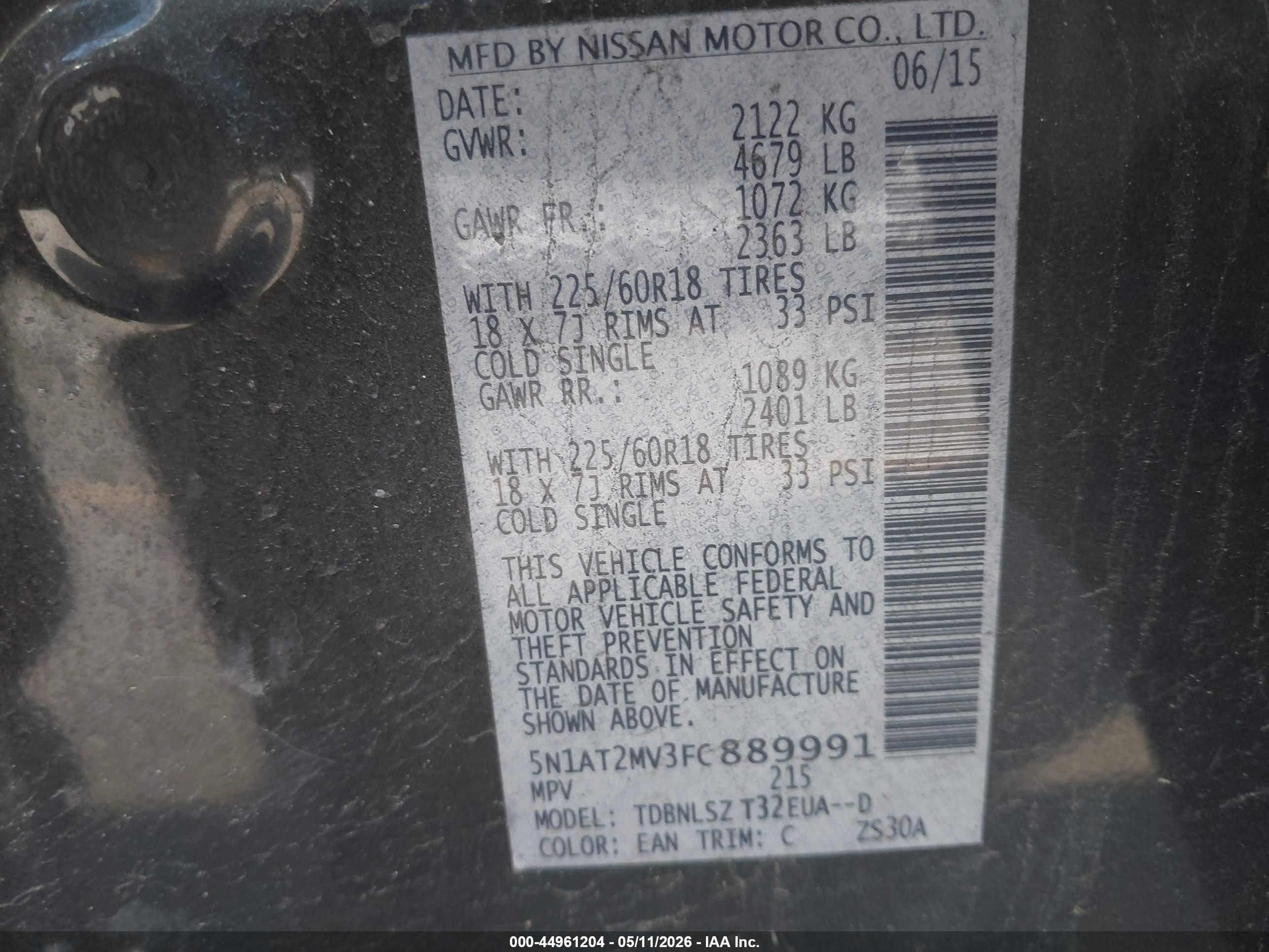 2015 Nissan Rogue Sl Black vin: 5N1AT2MV3FC889991