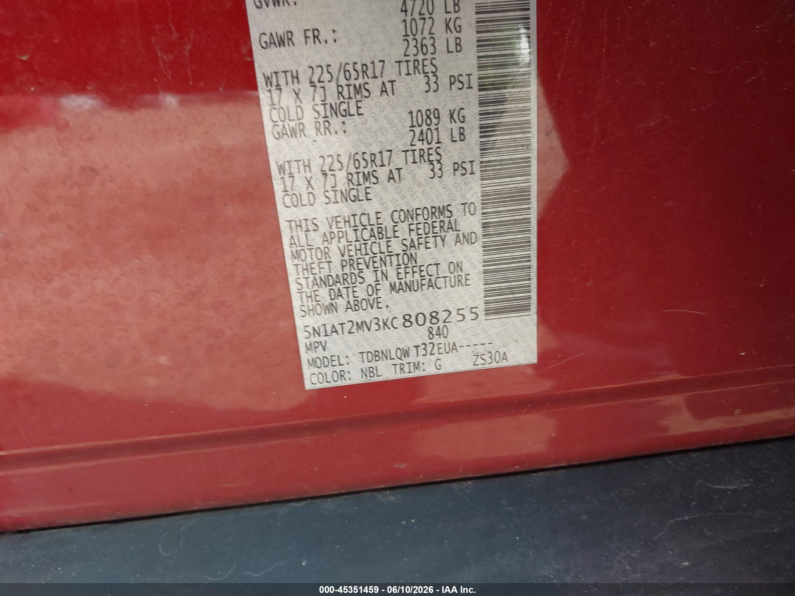 2019 Nissan Rogue Sv Red vin: 5N1AT2MV3KC808255