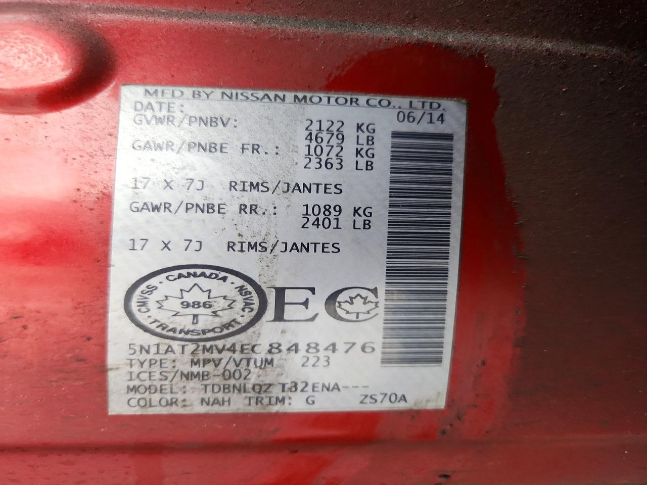 2014 Nissan Rogue Red vin: 5N1AT2MV4EC848476