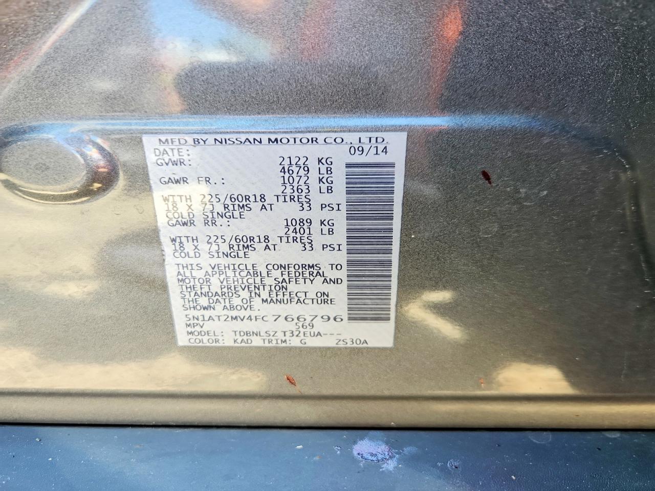 2015 Nissan Rogue Sl Gray vin: 5N1AT2MV4FC766796