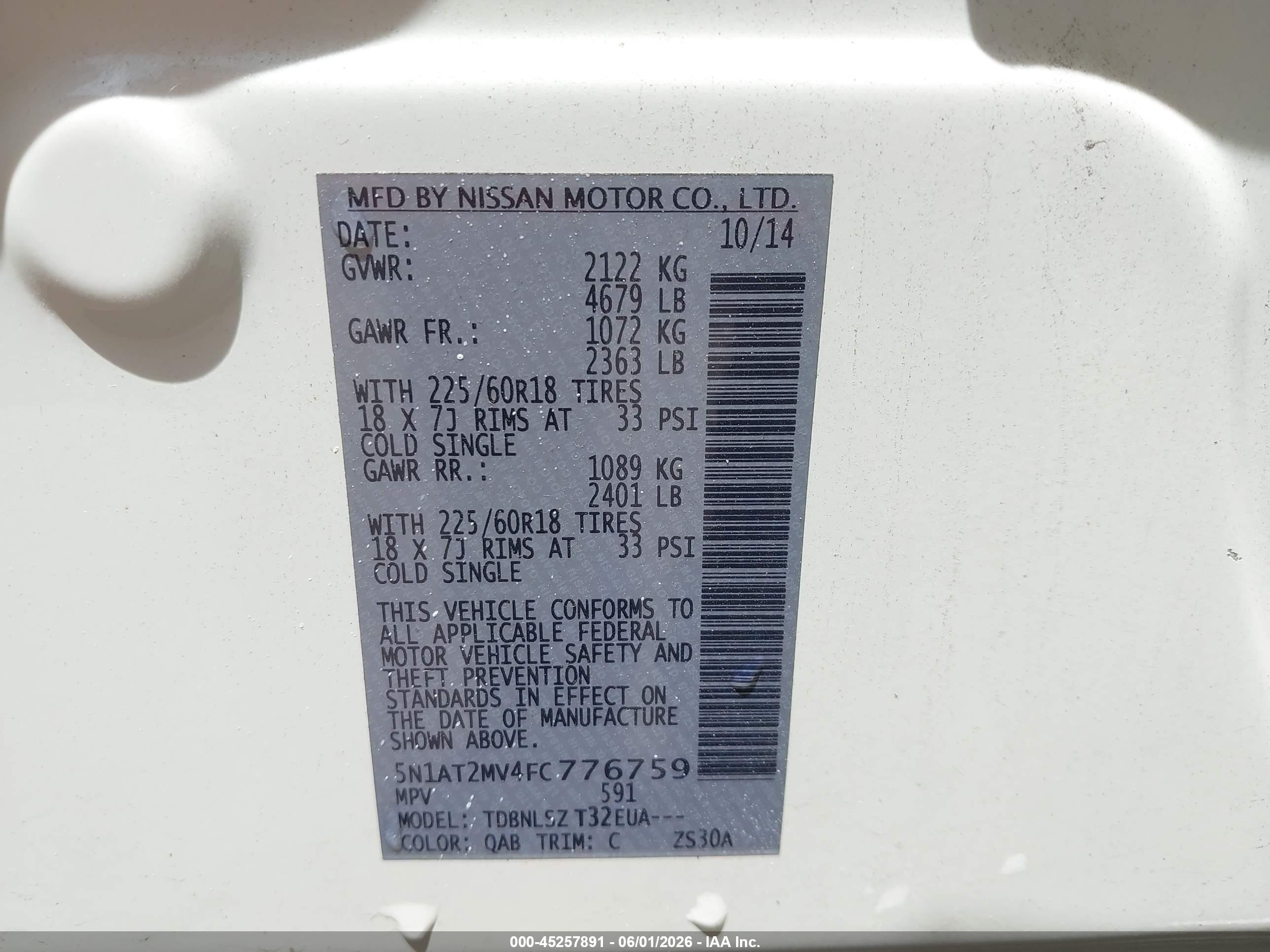 2015 Nissan Rogue Sl White vin: 5N1AT2MV4FC776759