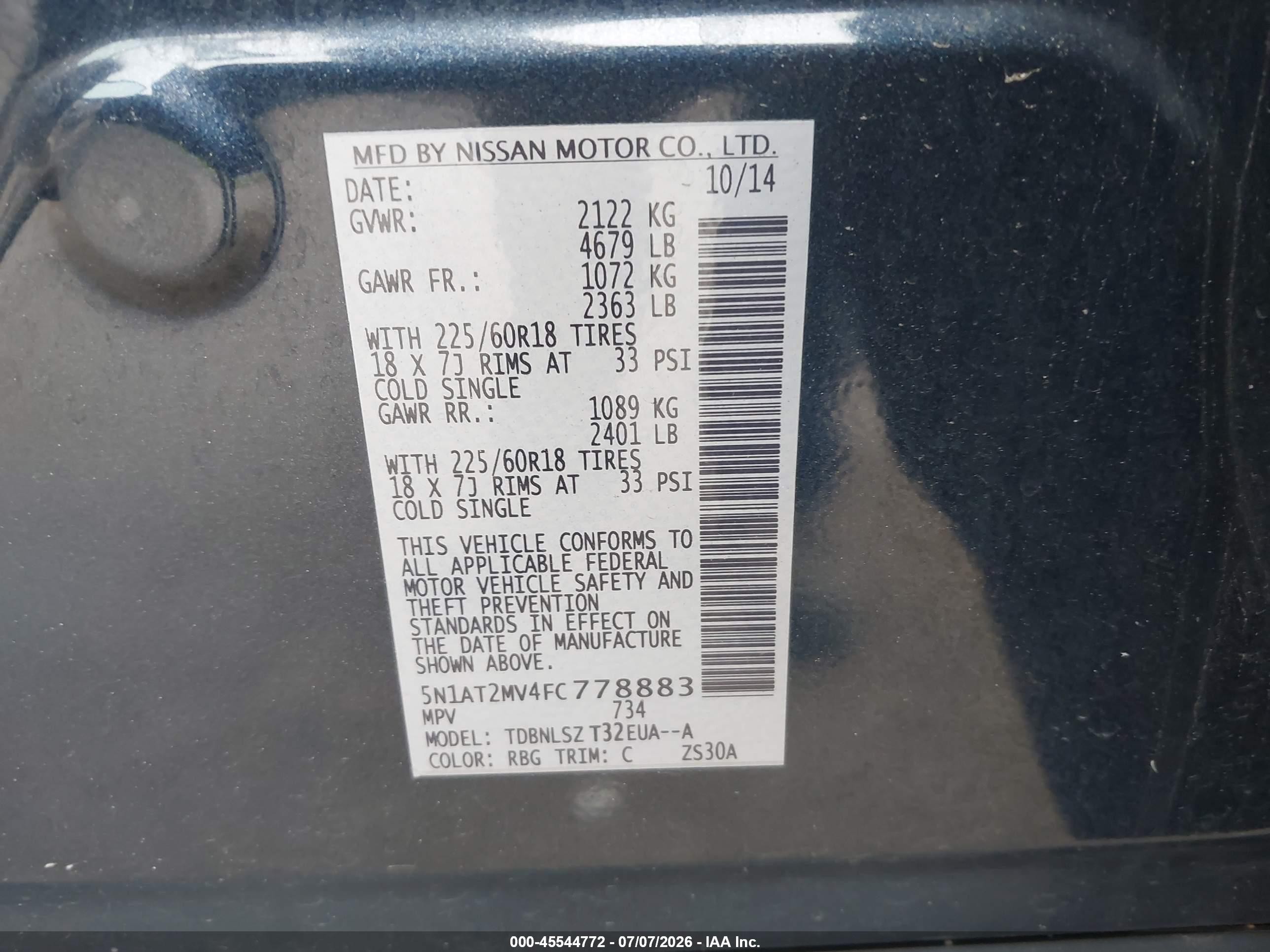 2015 Nissan Rogue Sl Blue vin: 5N1AT2MV4FC778883