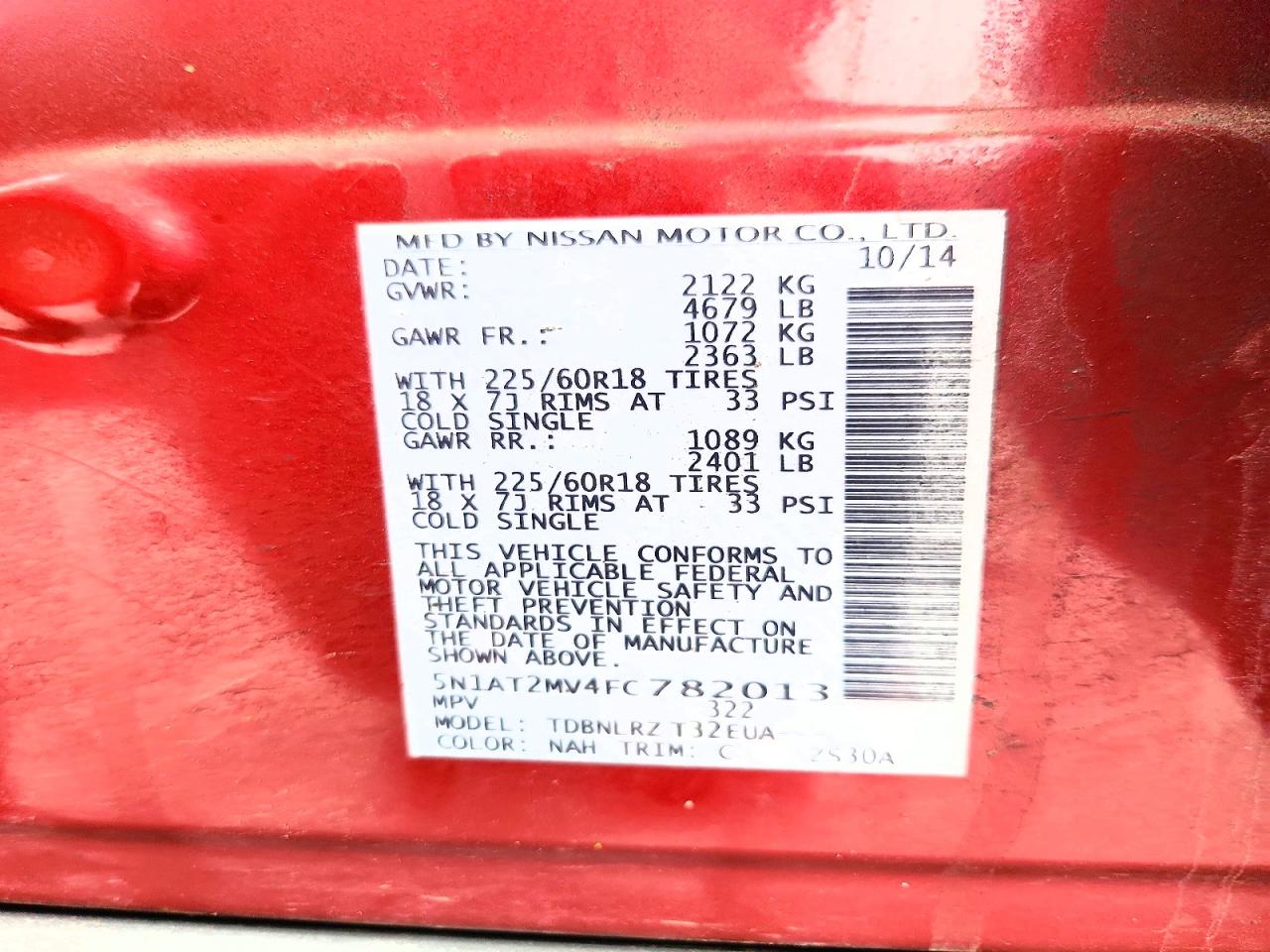 2015 Nissan Rogue Sl Red vin: 5N1AT2MV4FC782013