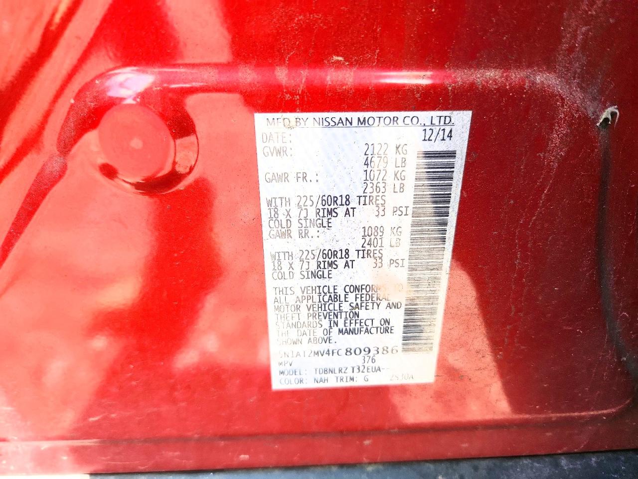 2015 Nissan Rogue Sl Red vin: 5N1AT2MV4FC809386