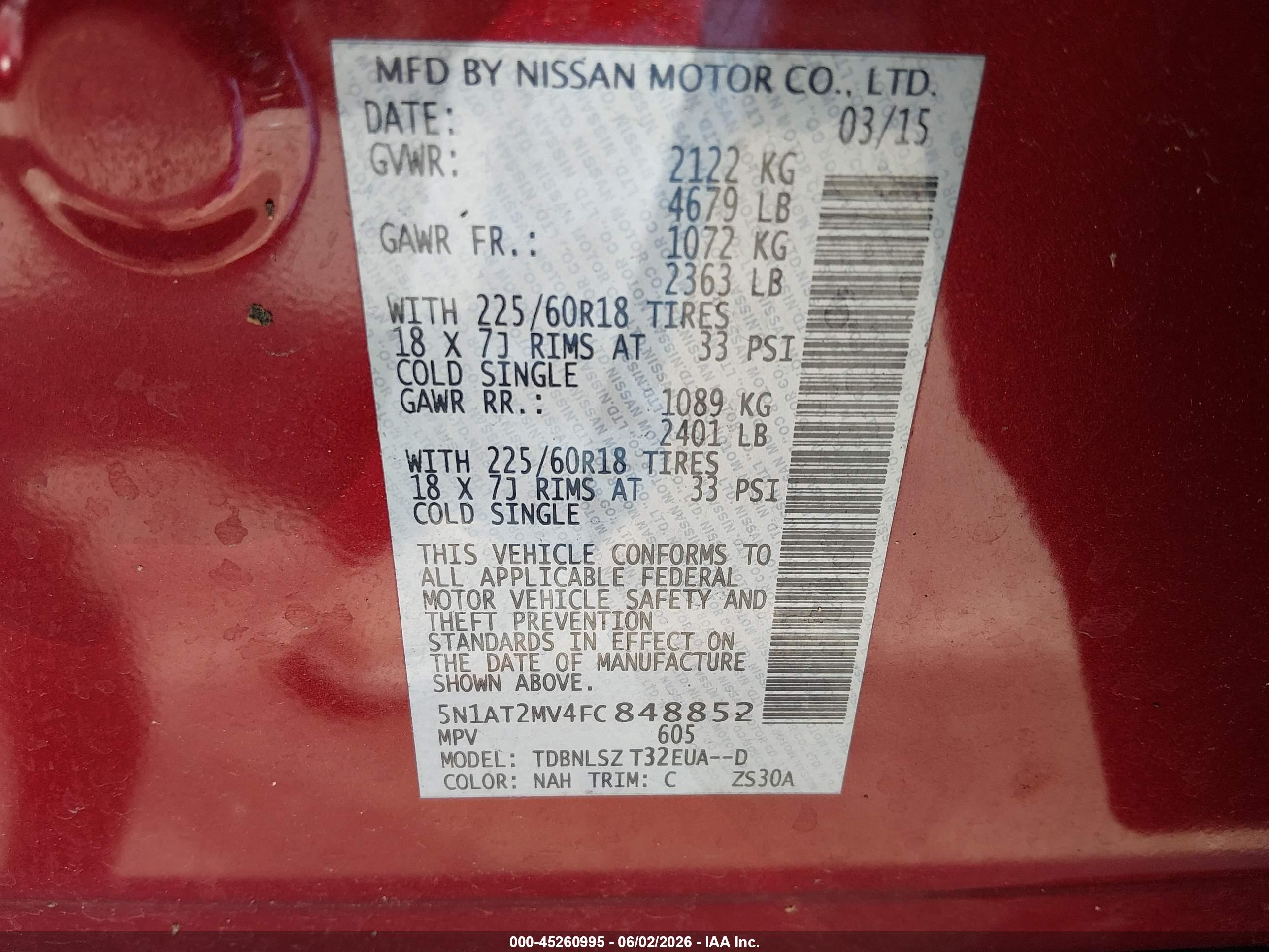 2015 Nissan Rogue Sl Red vin: 5N1AT2MV4FC848852