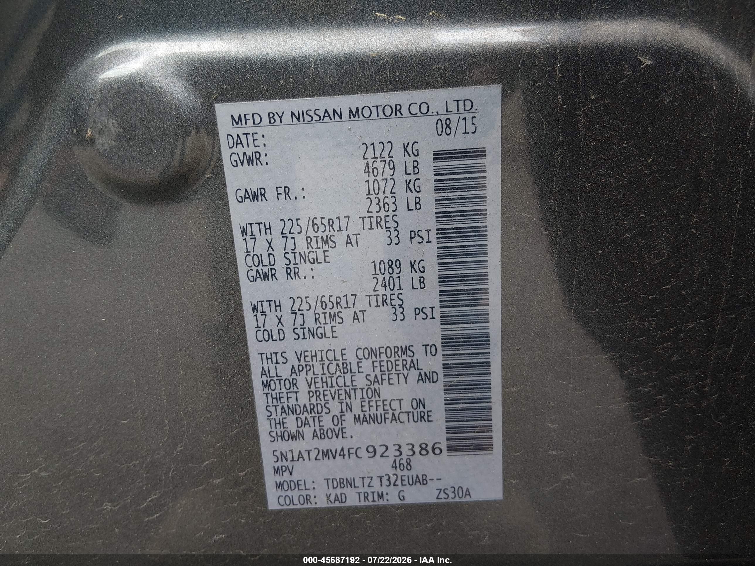 2015 Nissan Rogue Sv Gray vin: 5N1AT2MV4FC923386