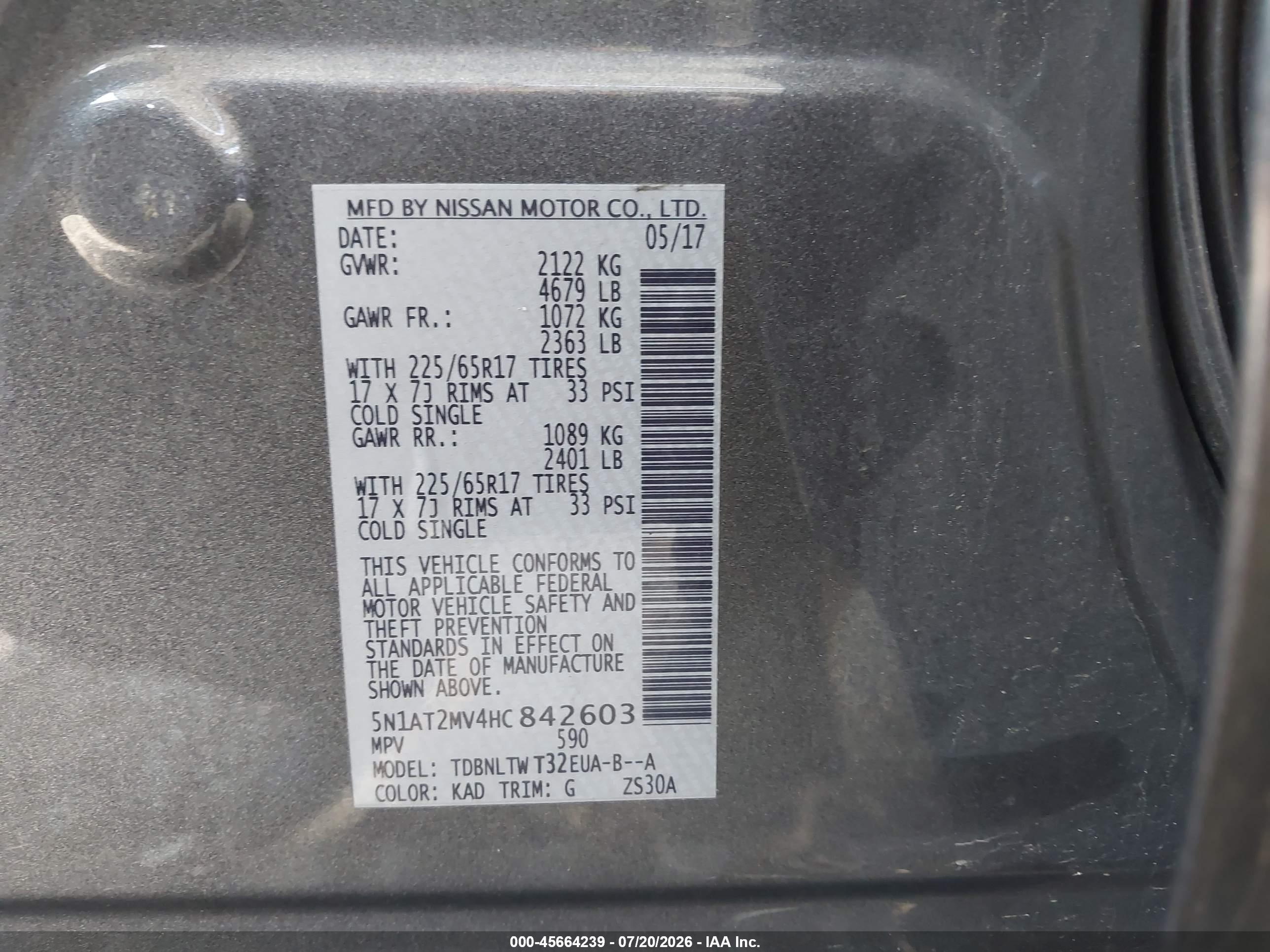 2017 Nissan Rogue Sv Gray vin: 5N1AT2MV4HC842603
