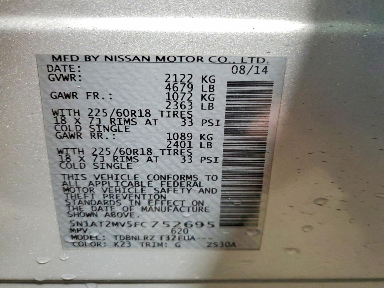 2015 Nissan Rogue Sl Silver vin: 5N1AT2MV5FC752695