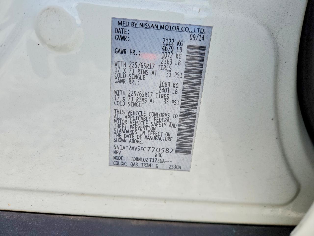 2015 Nissan Rogue Sv White vin: 5N1AT2MV5FC770582