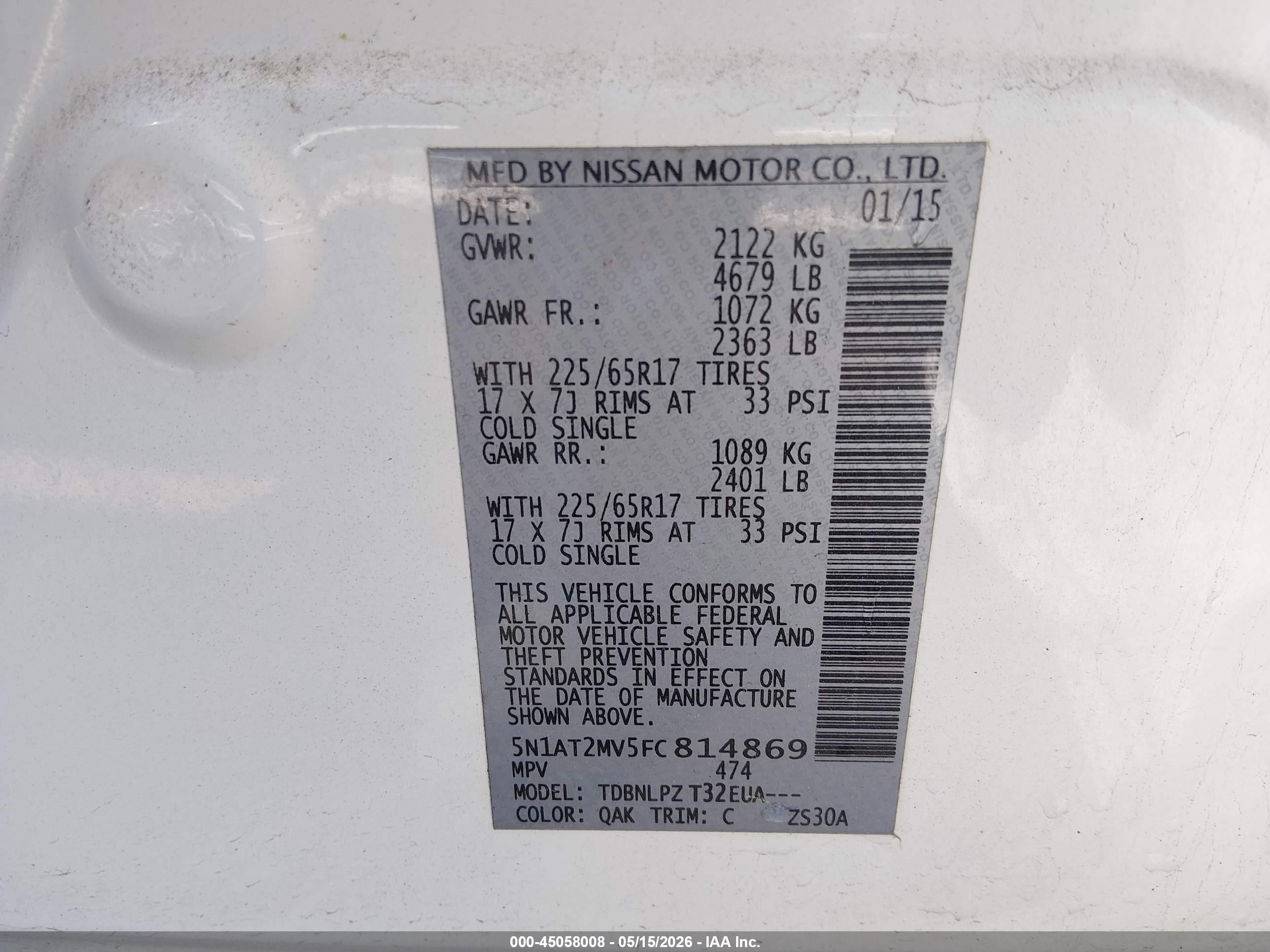 2015 Nissan Rogue S White vin: 5N1AT2MV5FC814869