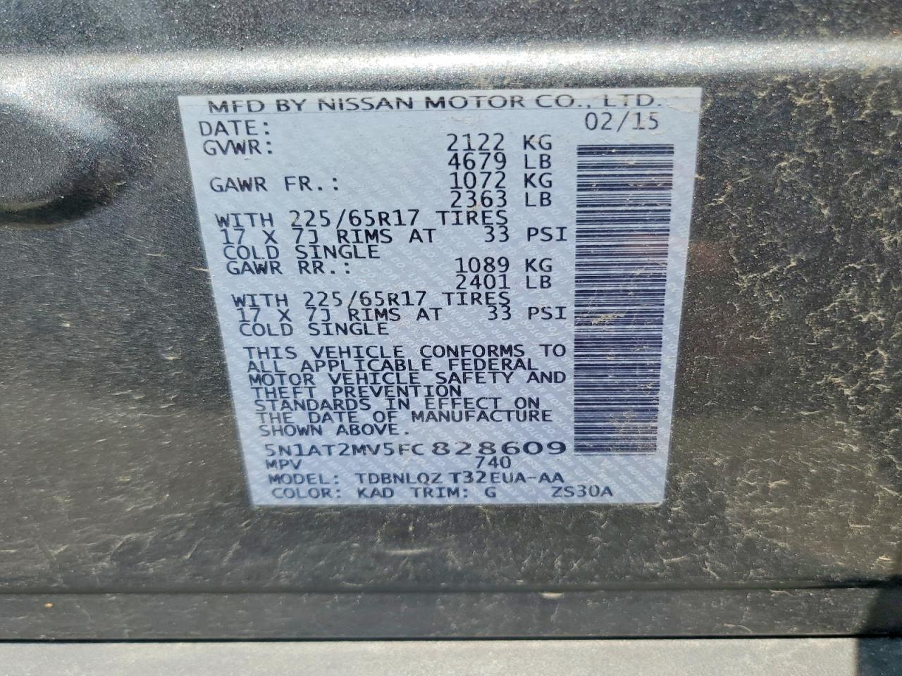 2015 Nissan Rogue Sv Gray vin: 5N1AT2MV5FC828609
