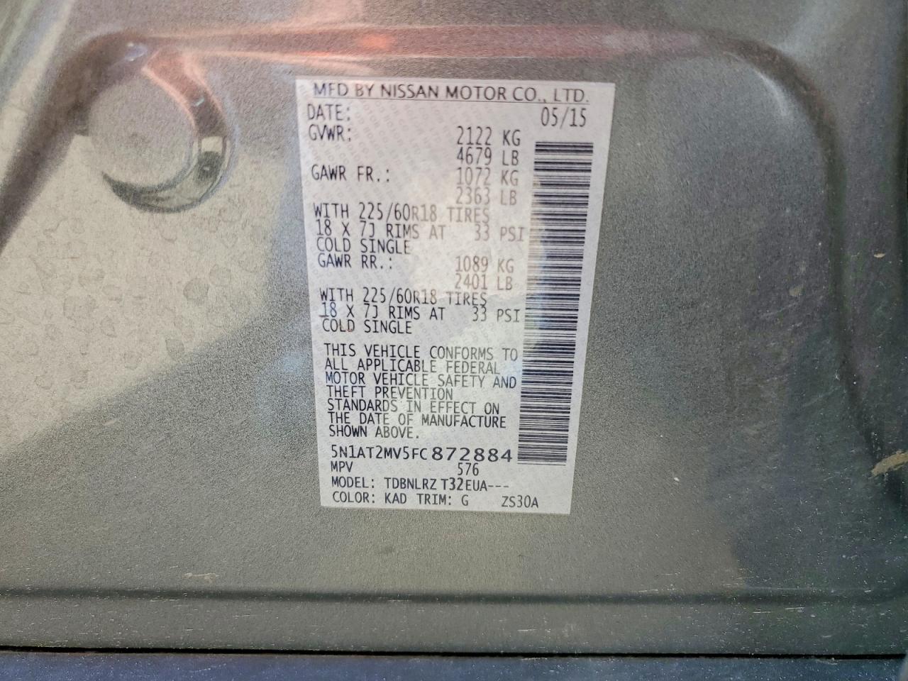 2015 Nissan Rogue Sl Gray vin: 5N1AT2MV5FC872884