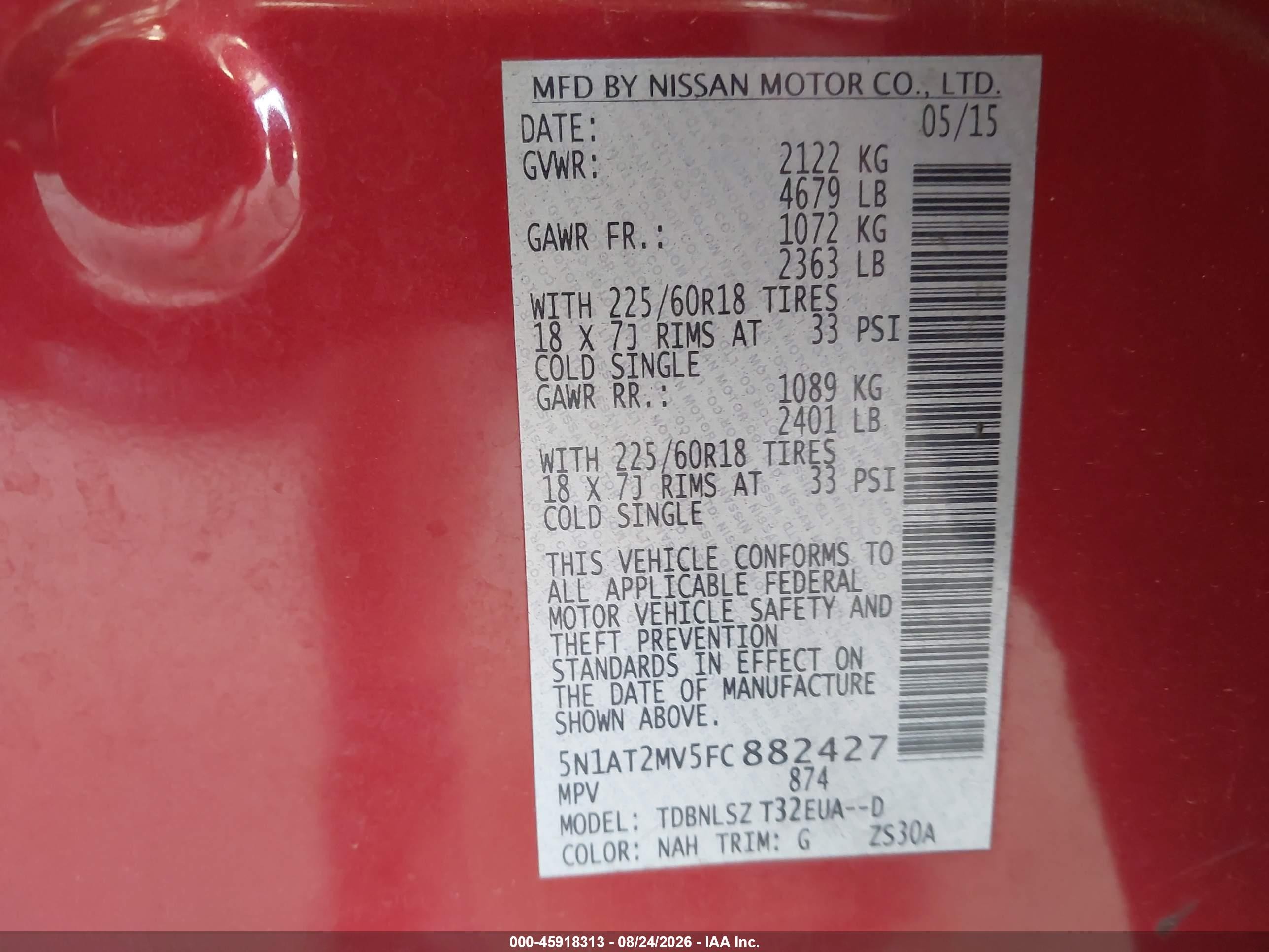 2015 Nissan Rogue Sl Red vin: 5N1AT2MV5FC882427