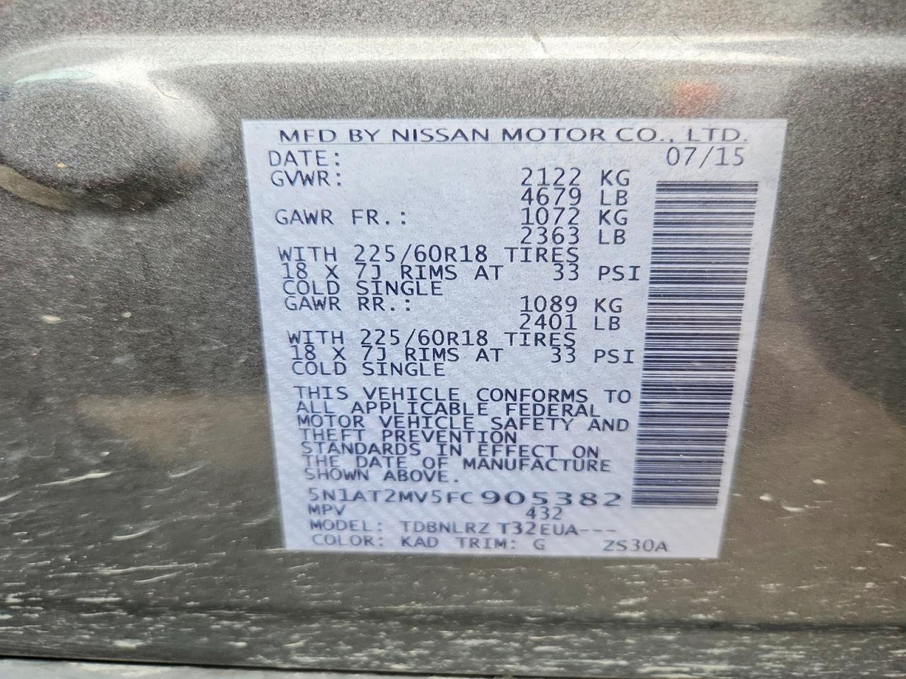 2015 Nissan Rogue Sl Gray vin: 5N1AT2MV5FC905382