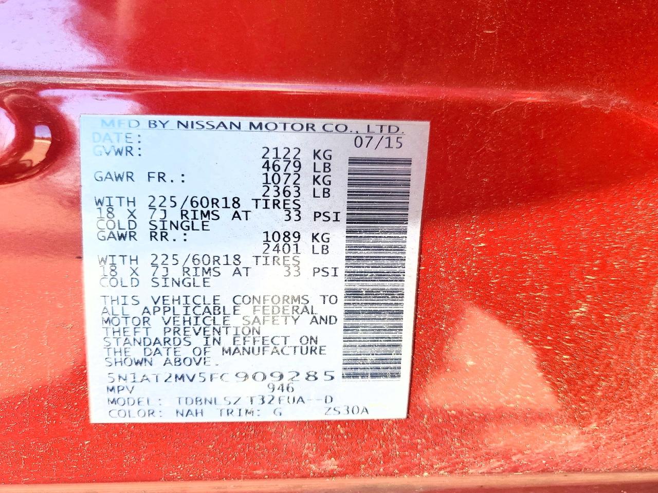 2015 Nissan Rogue Sl Red vin: 5N1AT2MV5FC909285