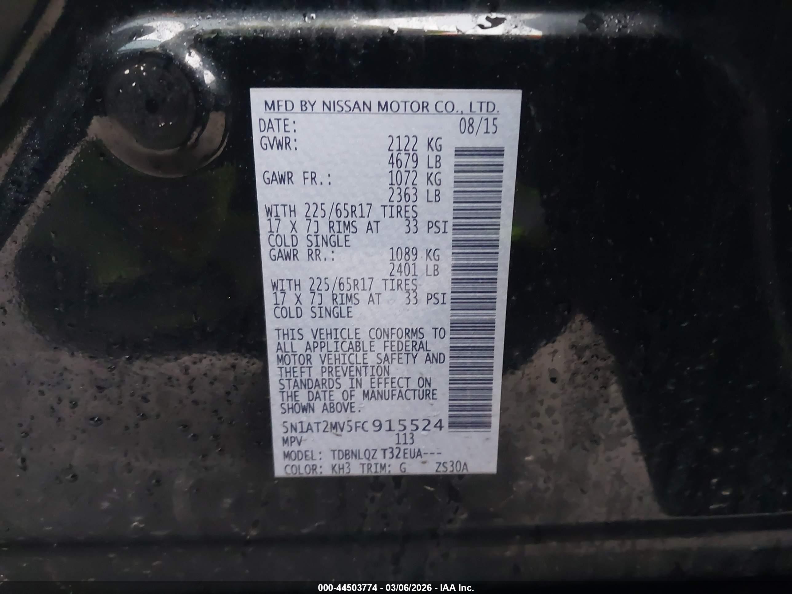 2015 Nissan Rogue Sv Black vin: 5N1AT2MV5FC915524
