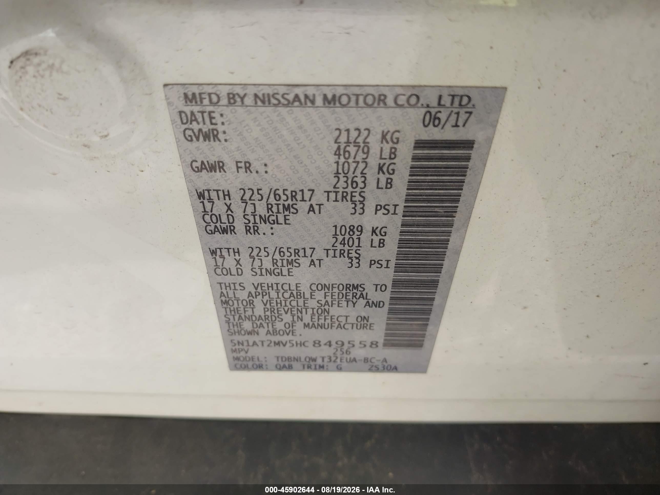 2017 Nissan Rogue Sv White vin: 5N1AT2MV5HC849558