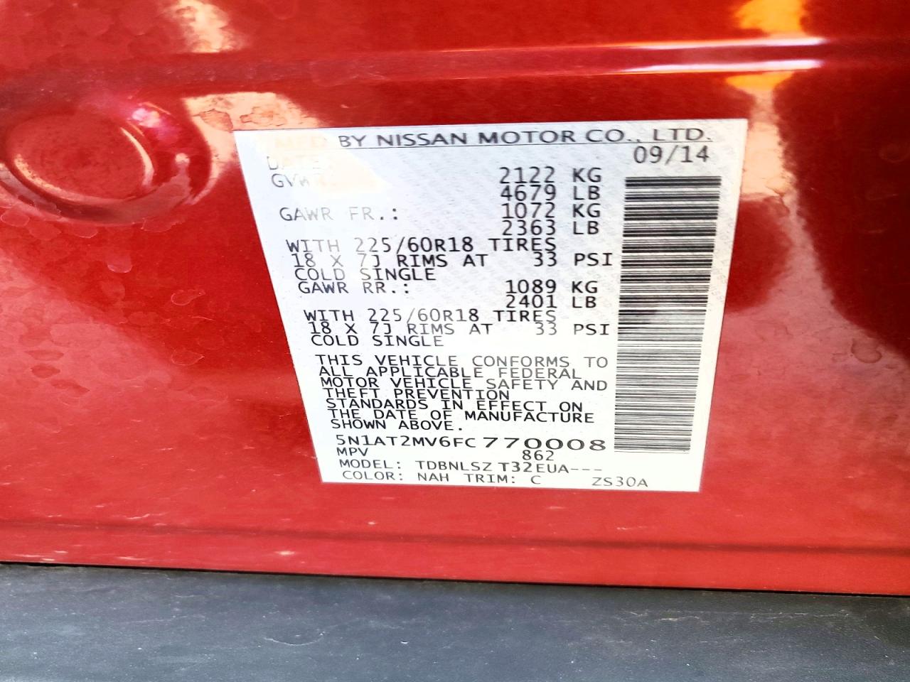 2015 Nissan Rogue Sl Red vin: 5N1AT2MV6FC770008
