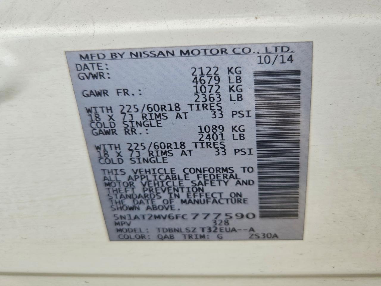 2015 Nissan Rogue Sl White vin: 5N1AT2MV6FC777590