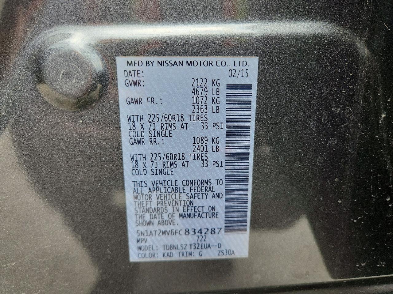 2015 Nissan Rogue Sl Charcoal vin: 5N1AT2MV6FC834287