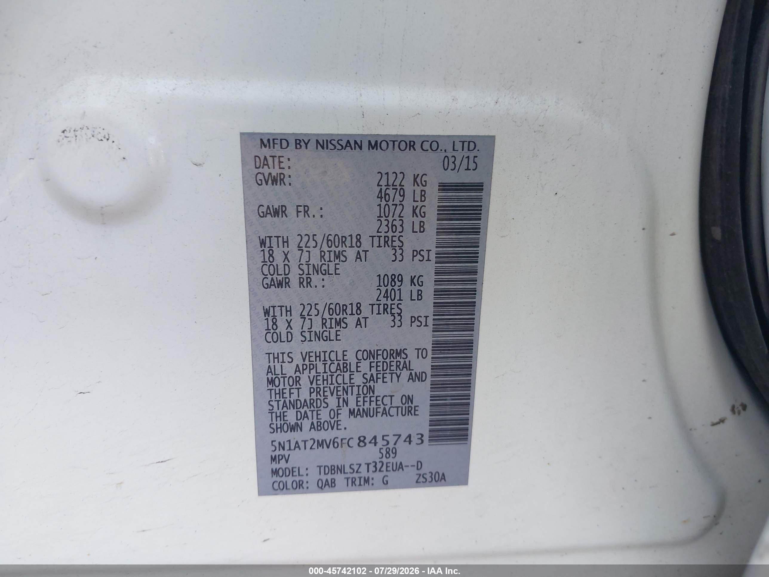2015 Nissan Rogue Sl White vin: 5N1AT2MV6FC845743