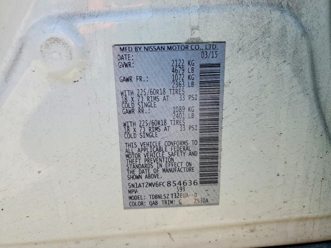 2015 Nissan Rogue Sl White vin: 5N1AT2MV6FC854636
