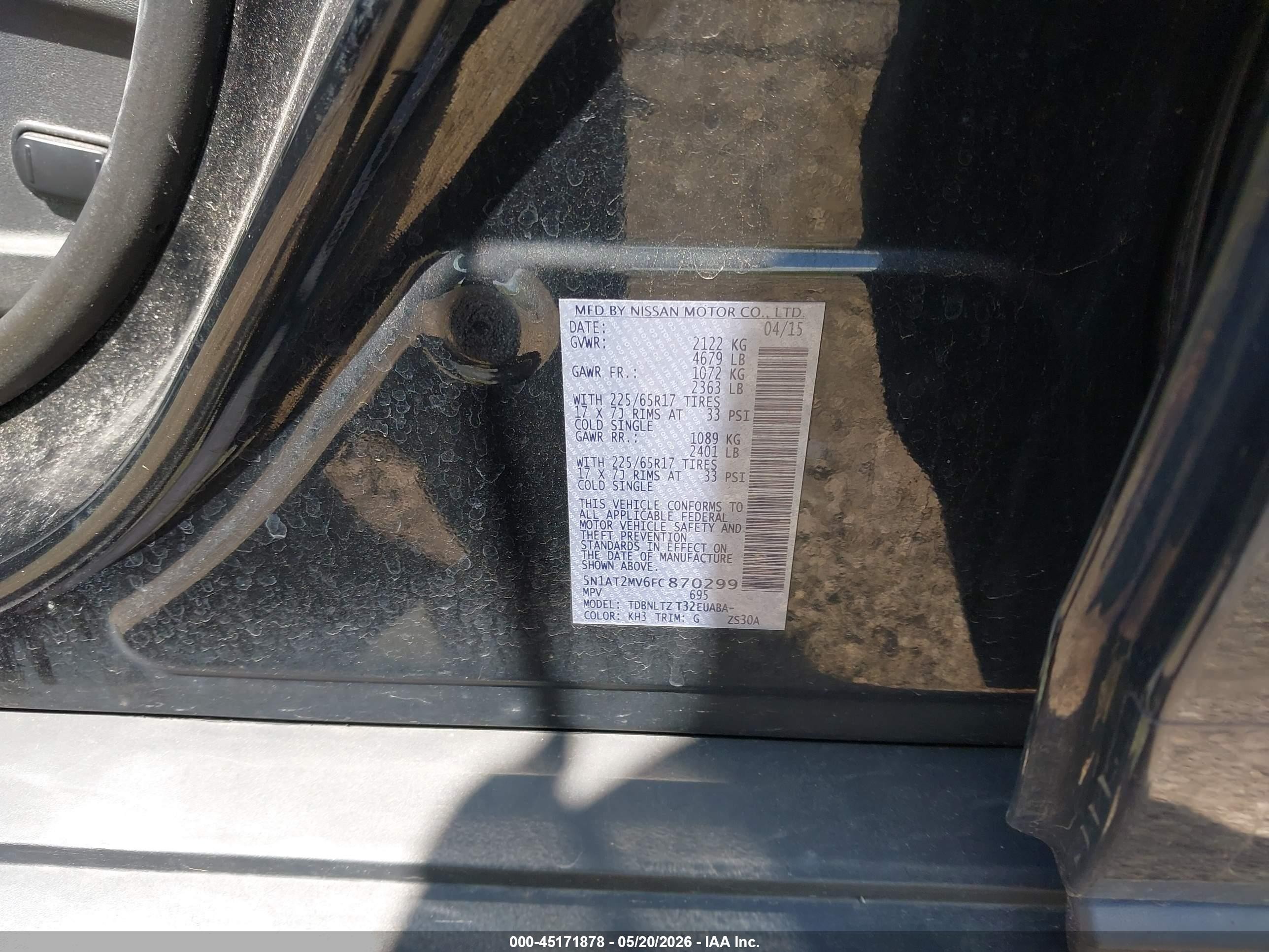 2015 Nissan Rogue Sv Black vin: 5N1AT2MV6FC870299