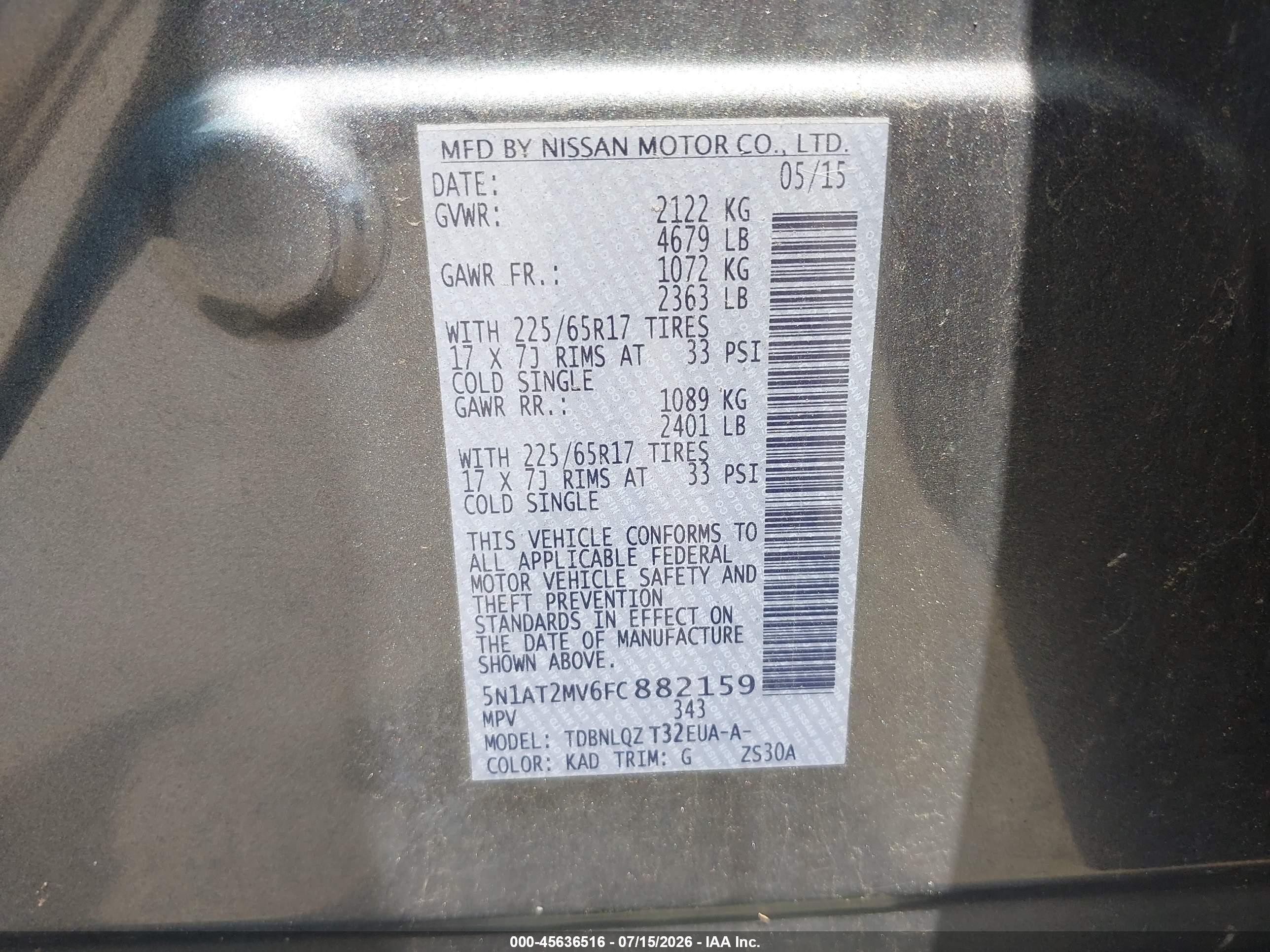 2015 Nissan Rogue Sv Gray vin: 5N1AT2MV6FC882159