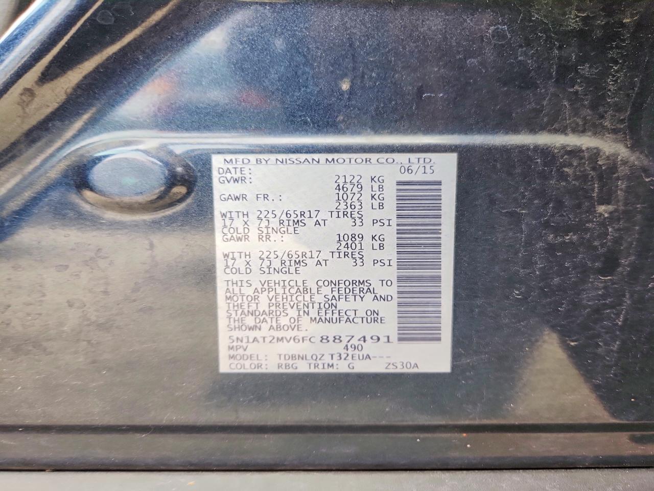 2015 Nissan Rogue Sv Charcoal vin: 5N1AT2MV6FC887491