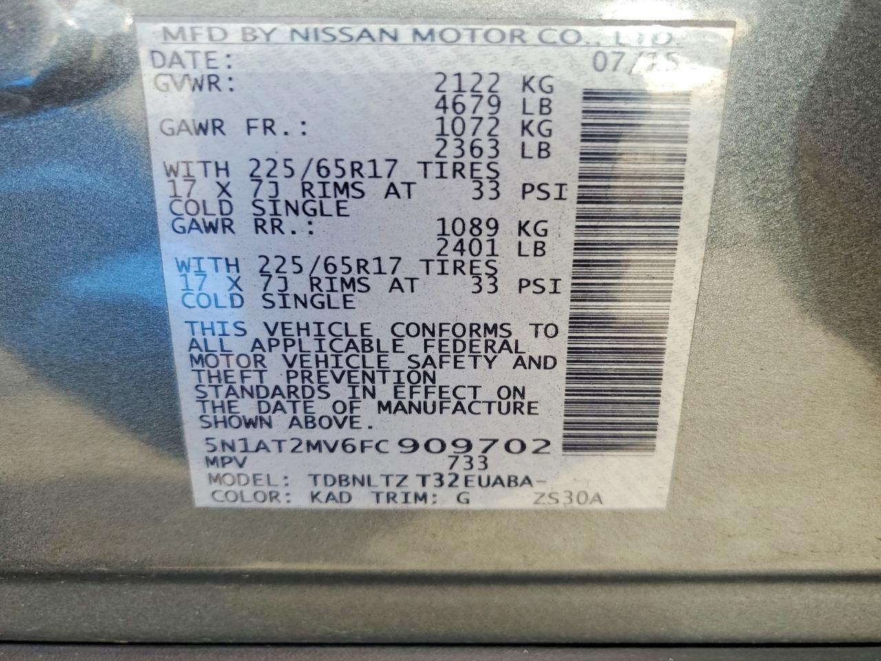 2015 Nissan Rogue Sv Gray vin: 5N1AT2MV6FC909702