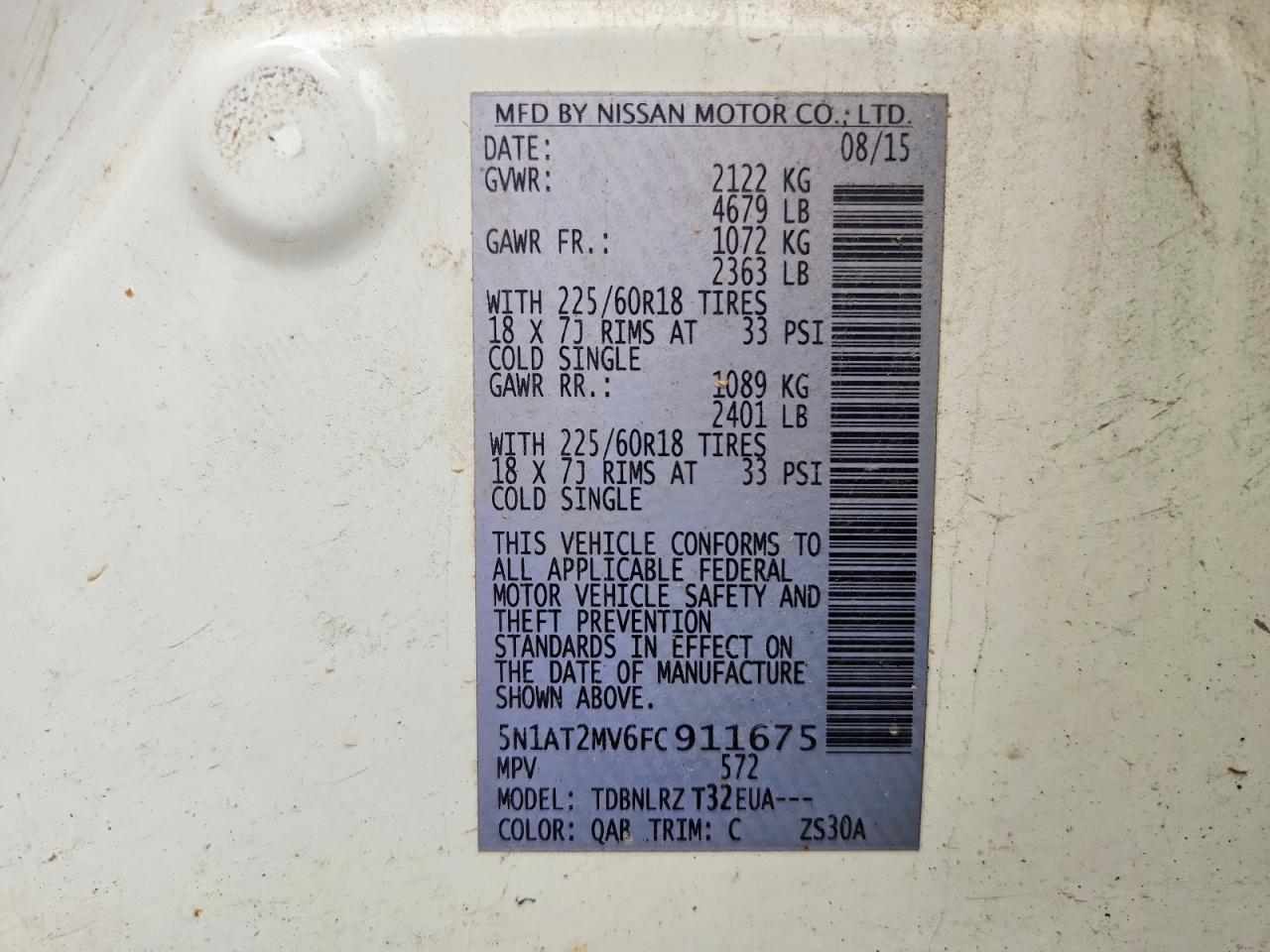 2015 Nissan Rogue Sl White vin: 5N1AT2MV6FC911675