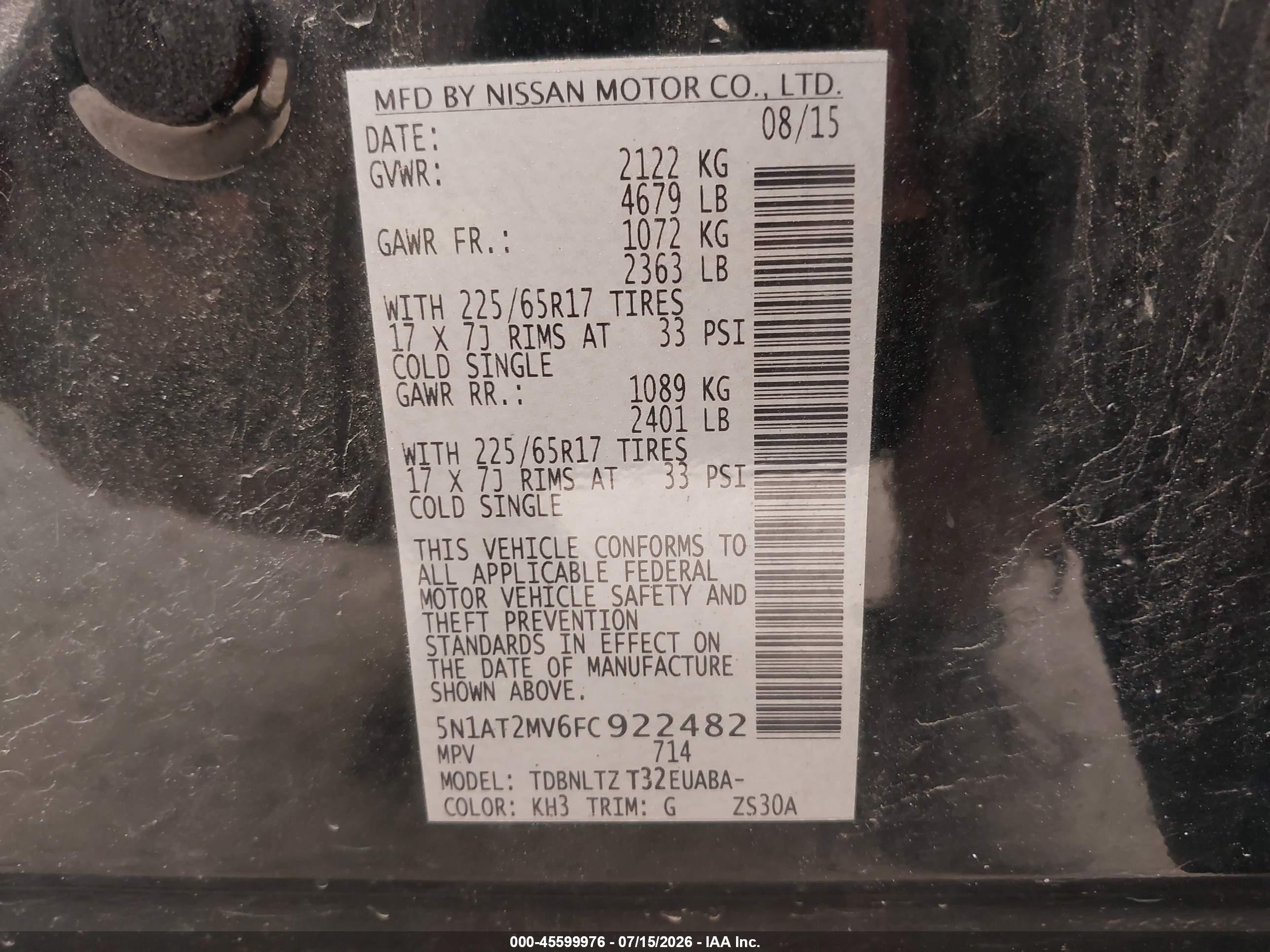 2015 Nissan Rogue Sv Black vin: 5N1AT2MV6FC922482
