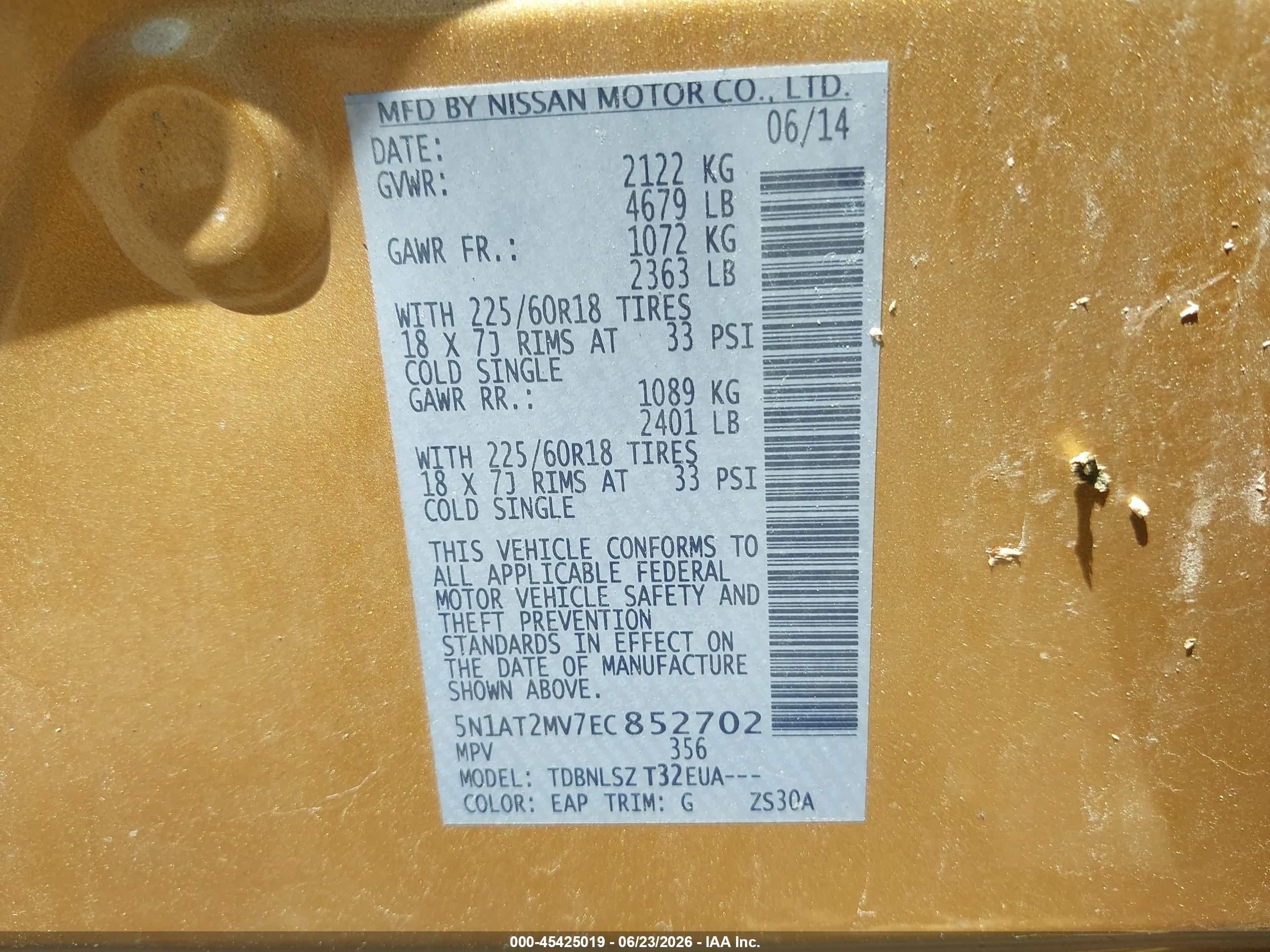 2014 Nissan Rogue Sl Gold vin: 5N1AT2MV7EC852702