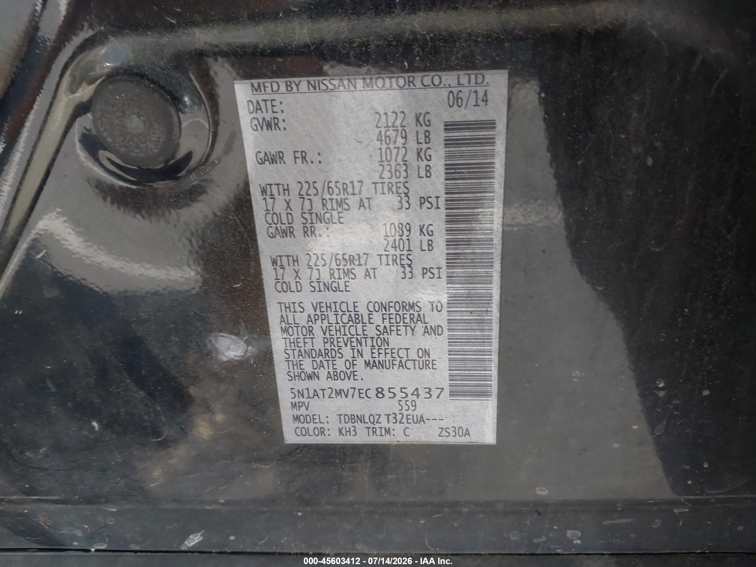 2014 Nissan Rogue Sv Black vin: 5N1AT2MV7EC855437