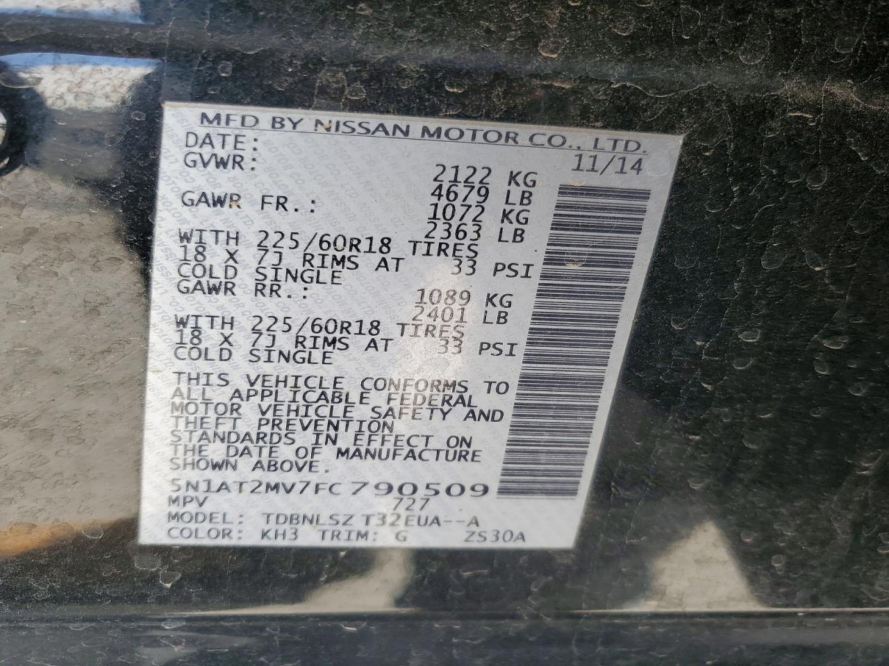 2015 Nissan Rogue Sl Black vin: 5N1AT2MV7FC790509