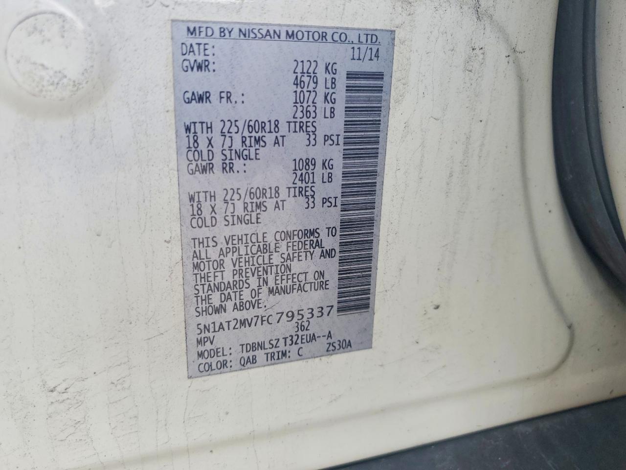 2015 Nissan Rogue Sl White vin: 5N1AT2MV7FC795337