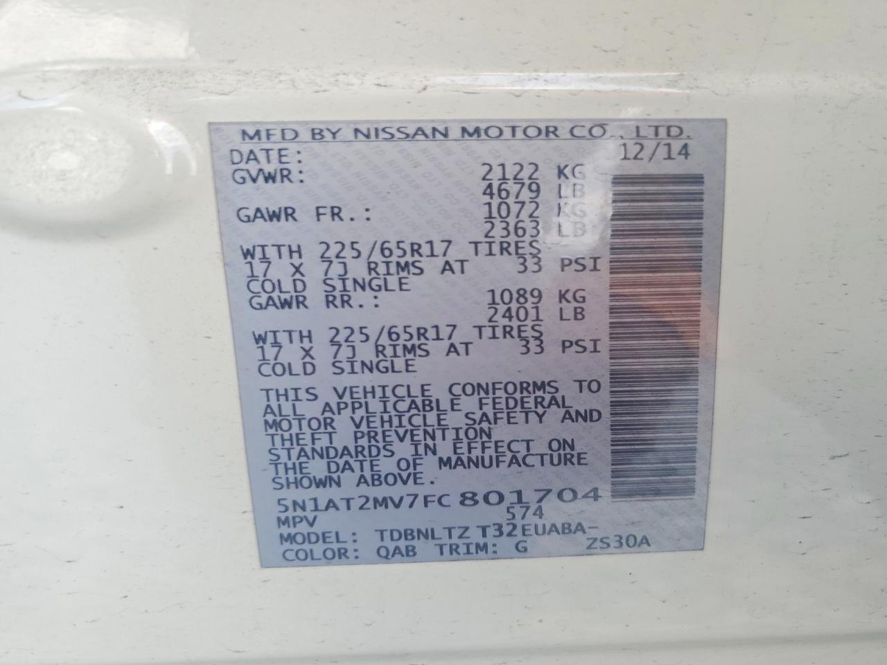 2015 Nissan Rogue Sv White vin: 5N1AT2MV7FC801704