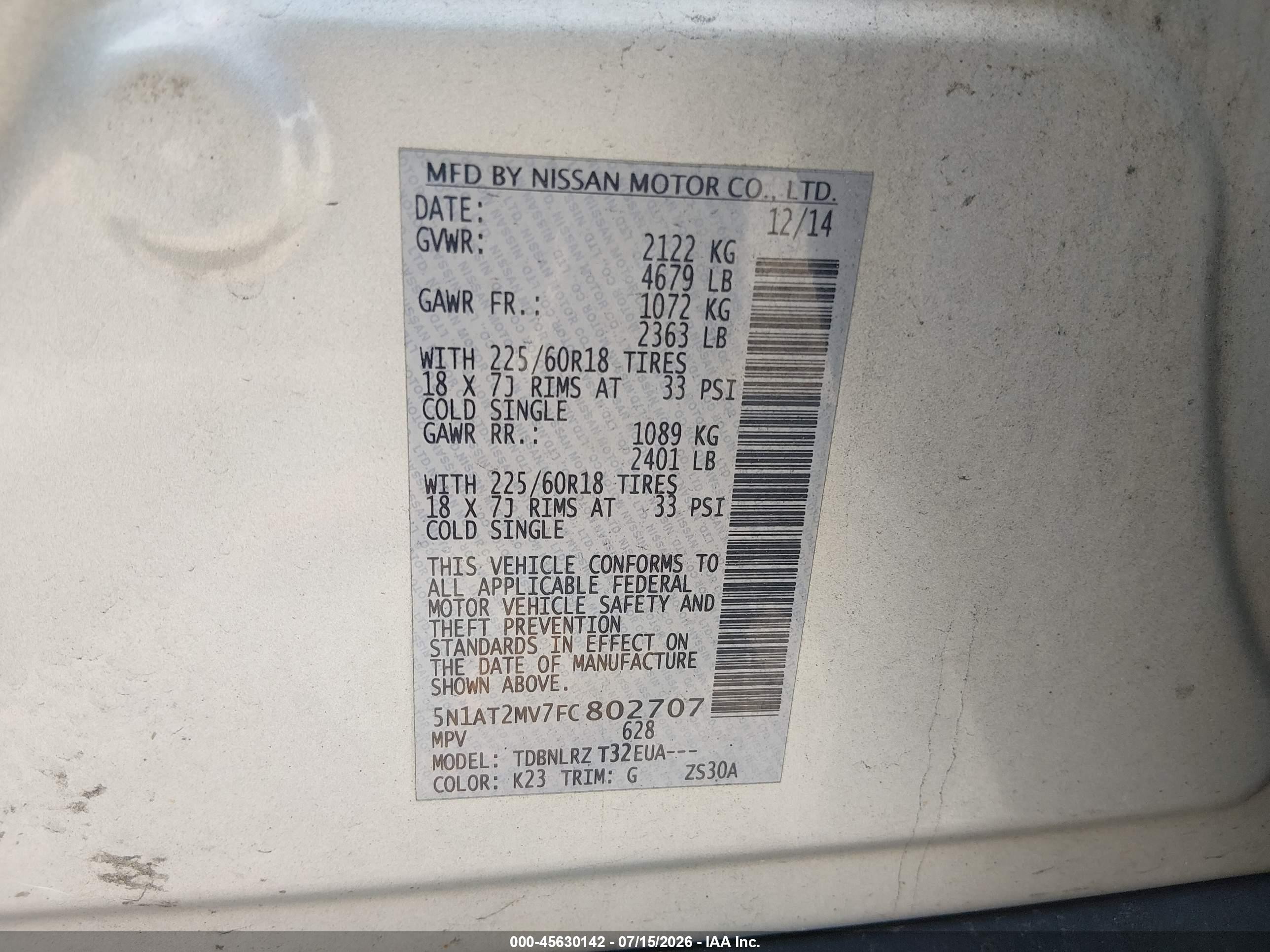 2015 Nissan Rogue Sl Gray vin: 5N1AT2MV7FC802707
