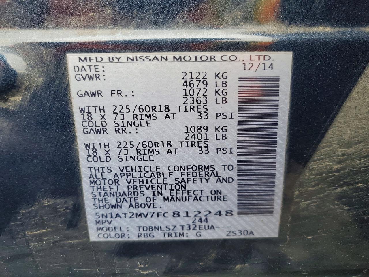 2015 Nissan Rogue Sl Blue vin: 5N1AT2MV7FC812248